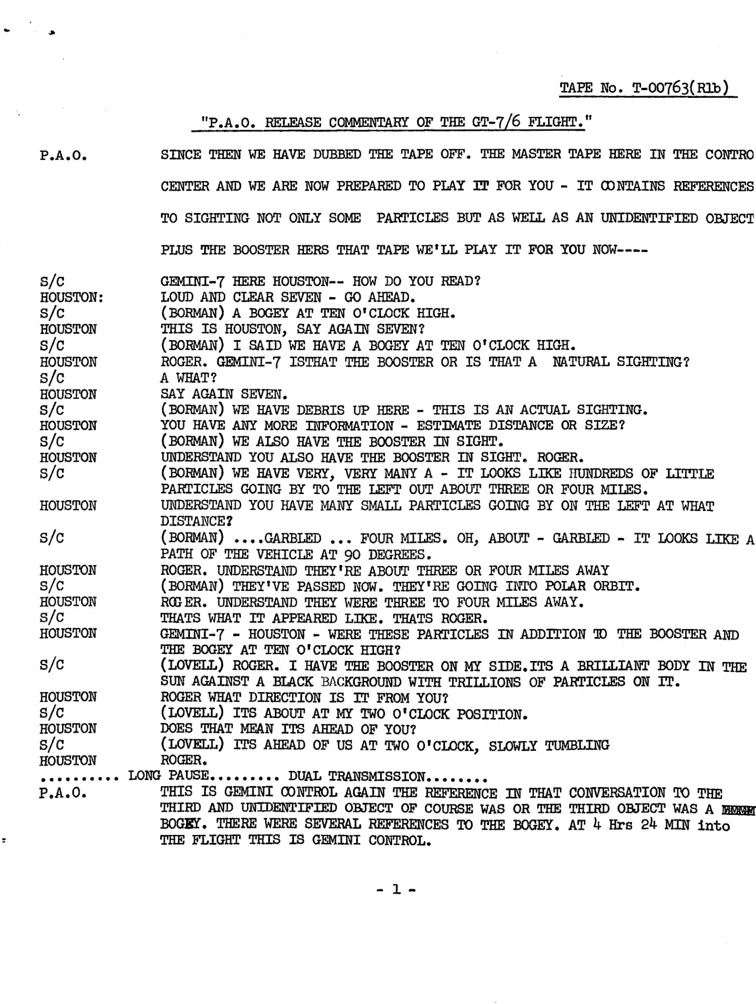 Gemini 7 transcript: Borman and Lovell's observations, 1965 — opening source page