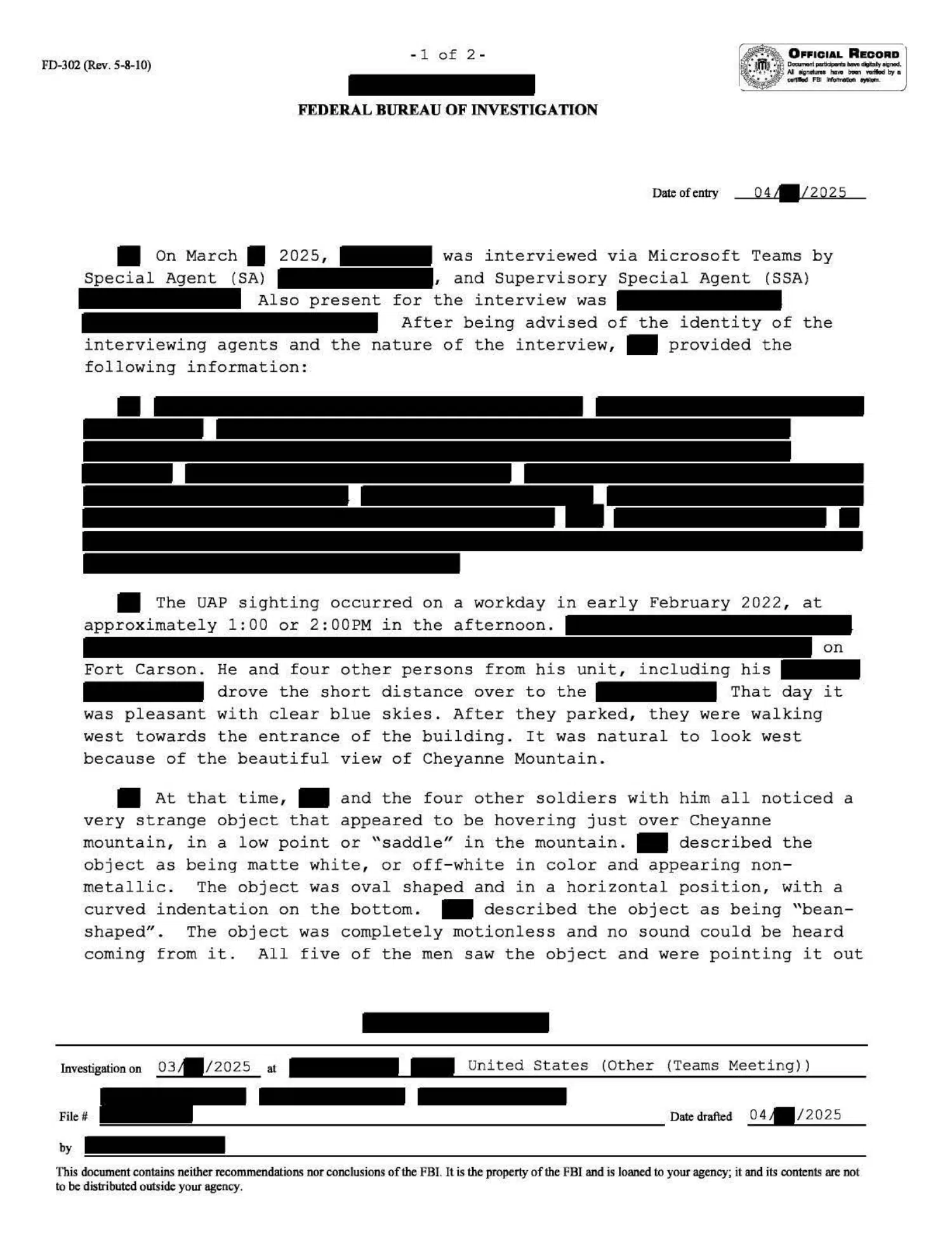 FBI interview on a reported object near Colorado Springs in 2022 — opening source page
