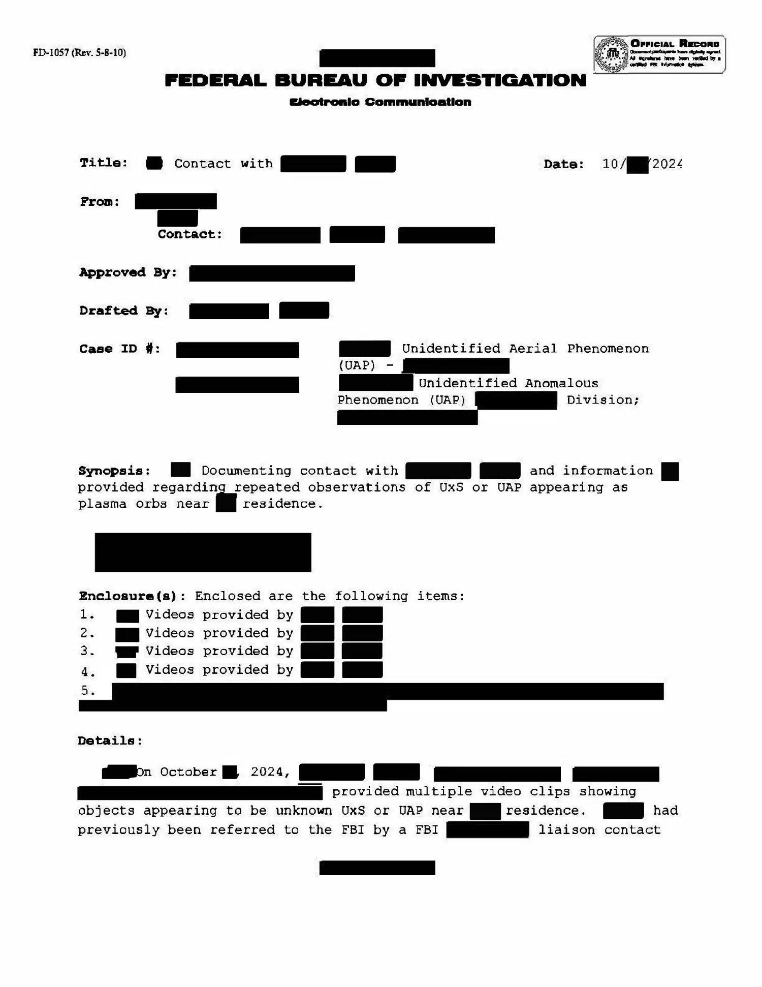 FBI collection of witness video, Northeastern United States, October 2024 — opening source page
