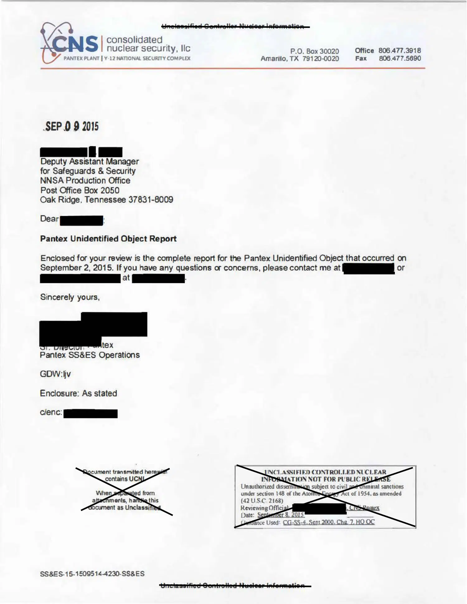 Pantex unidentified-object incident report, 2015 — opening source page