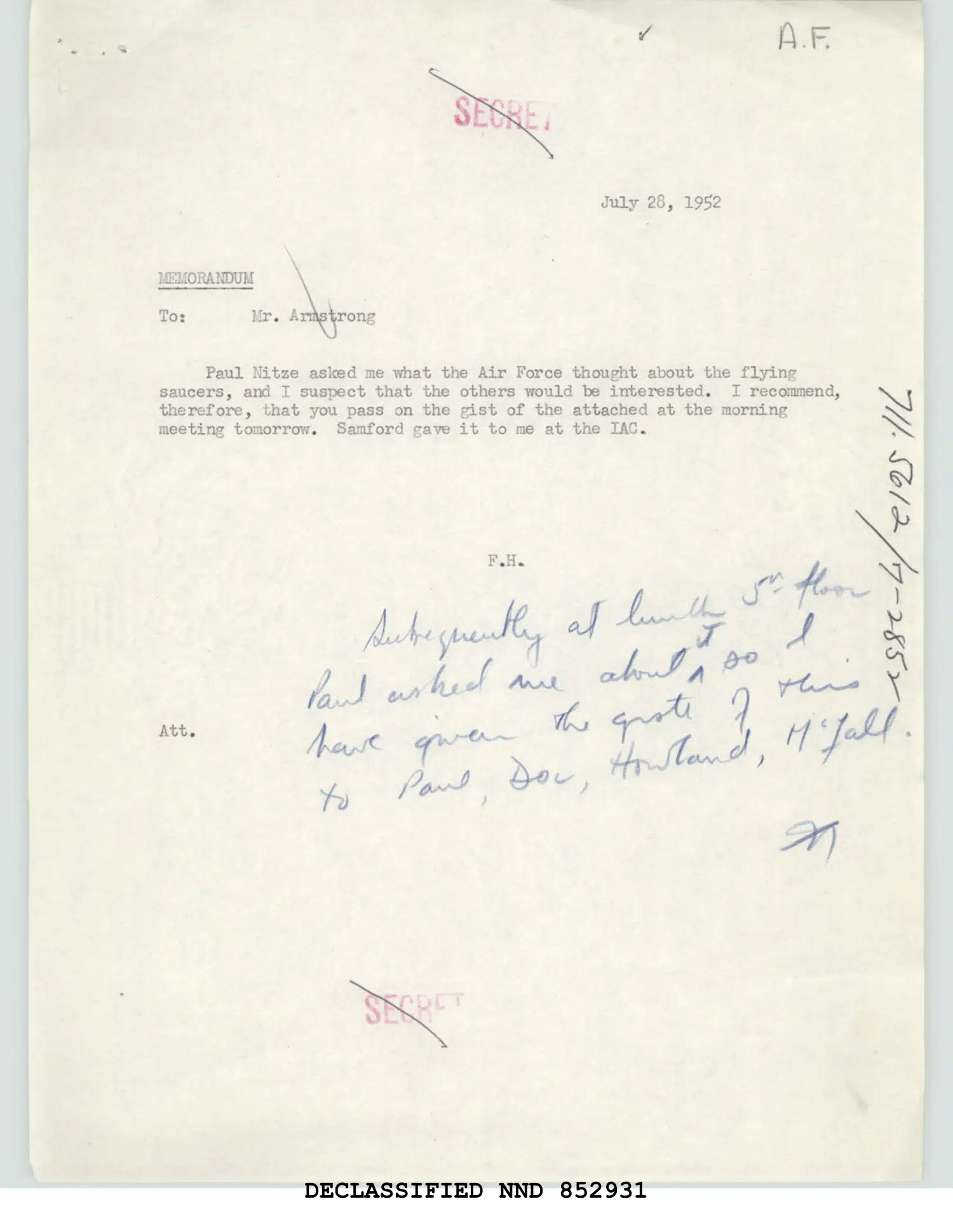 Memorandum on the rise in UFO reports, July 1952 — opening source page