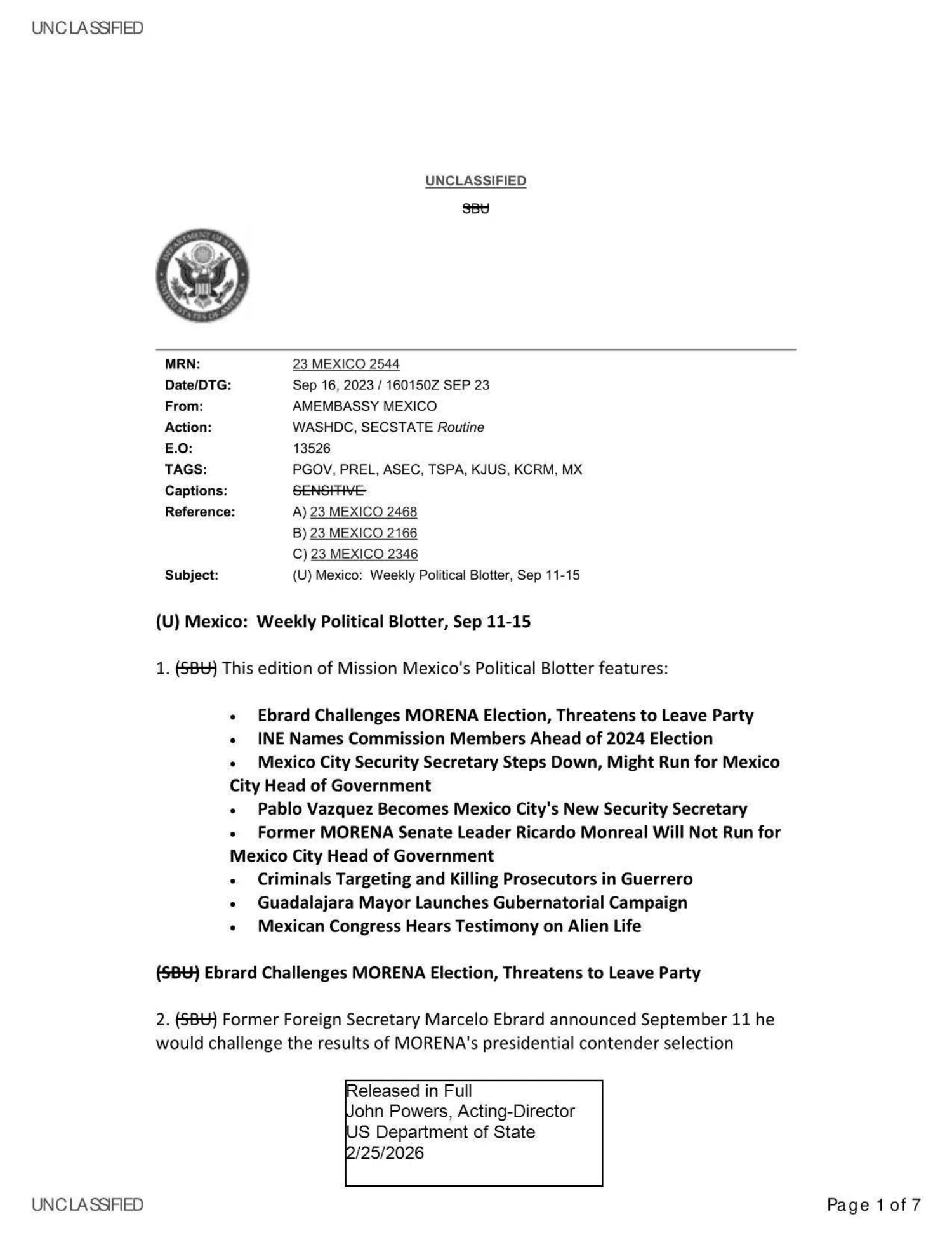 Mexico cable: congressional hearing on UAP claims — opening source page