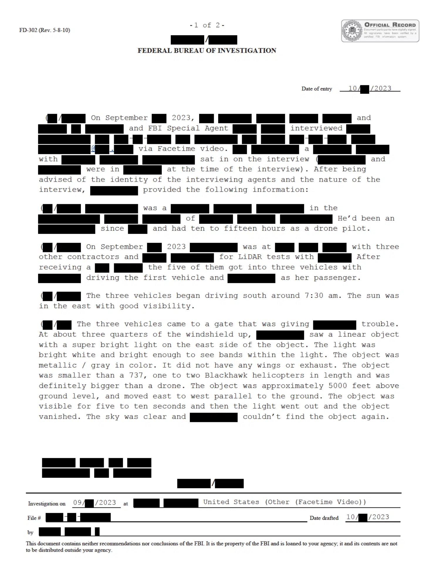 FBI interview: bright light at a U.S. test site, September 2023 — opening source page