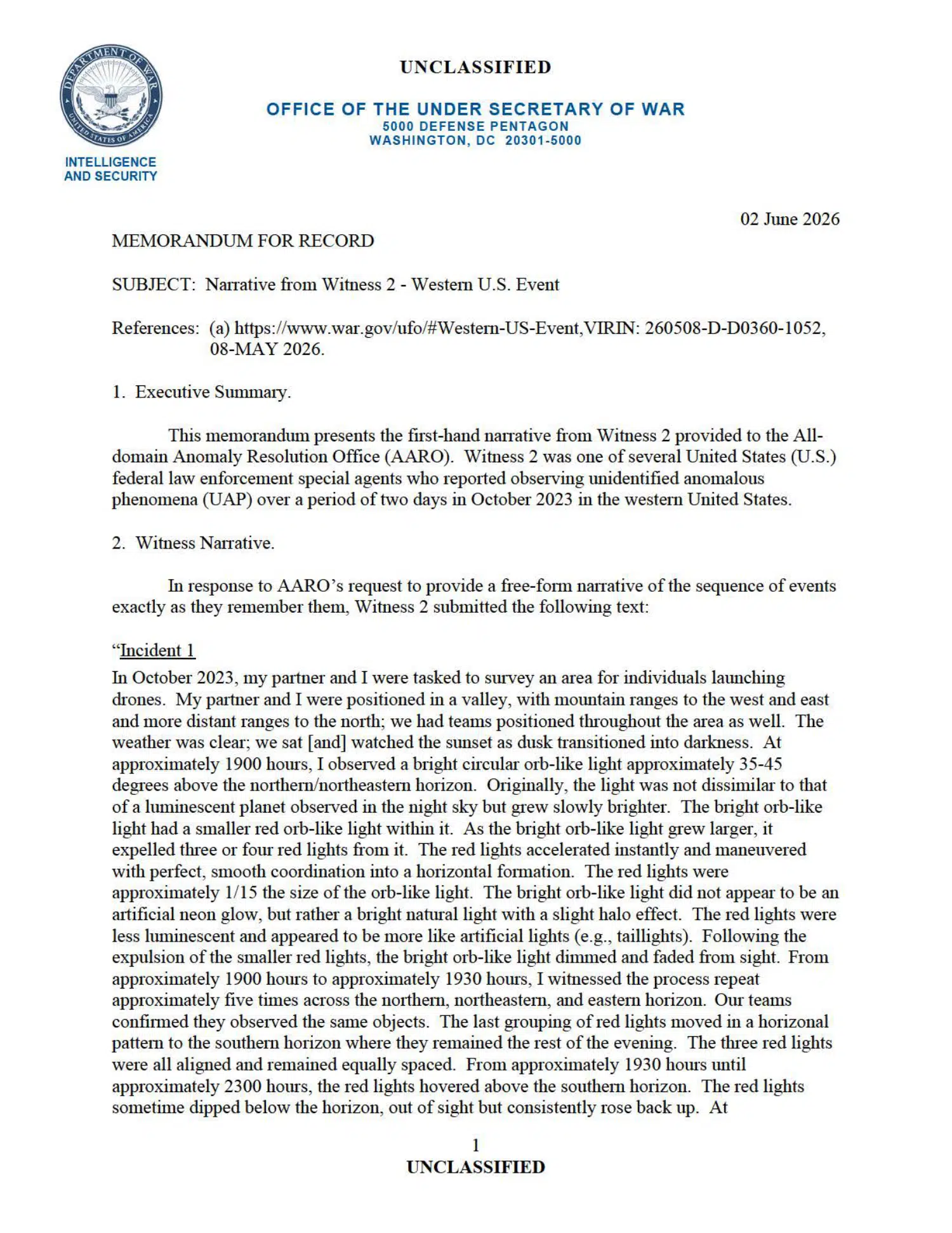 Western United States UAP event: witness 2 statement, 2023 — opening source page