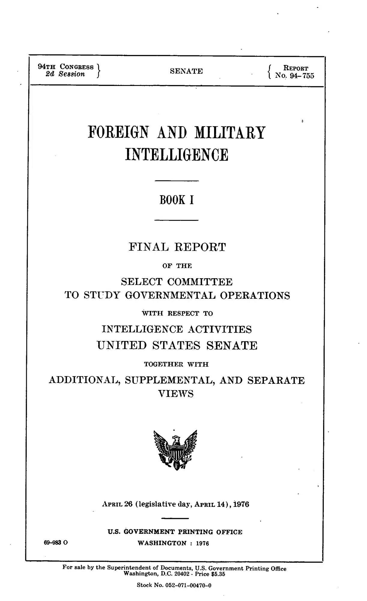 Church Committee report: foreign and military intelligence — opening source page
