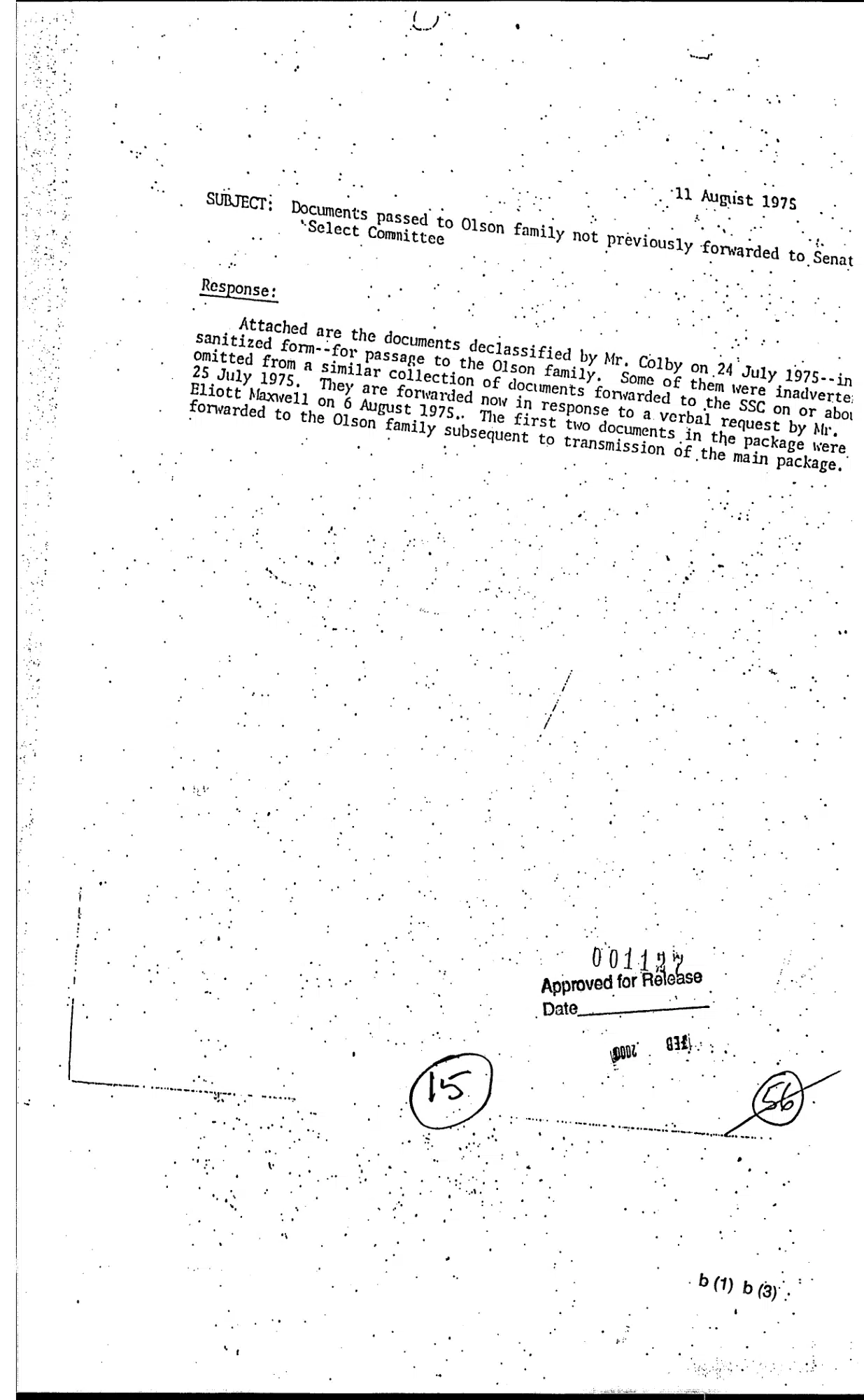 Memorandum, "Documents passed to Olson family not previously forwarded to Senate Select Committee", 11 August 1975 — opening source page