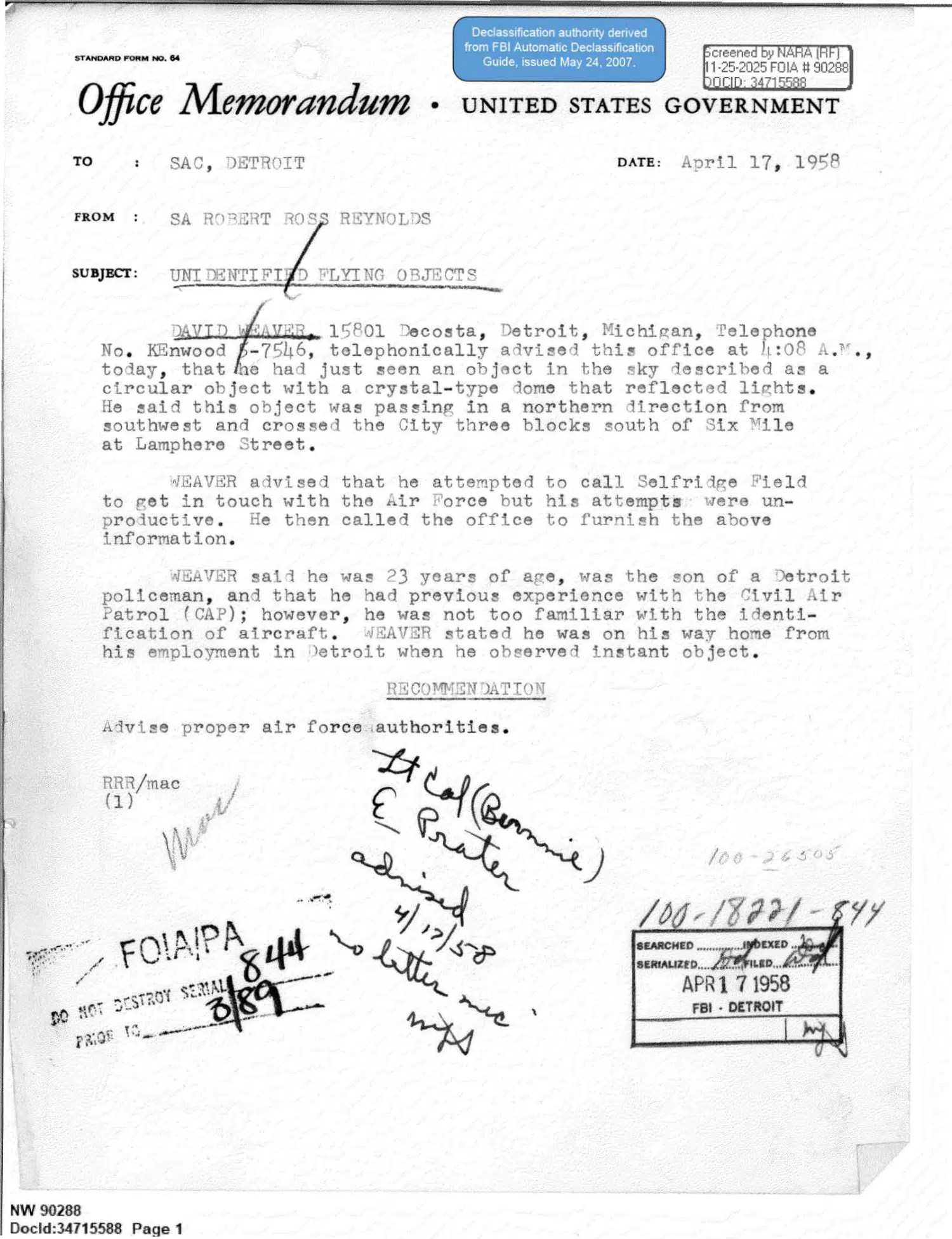 FBI memorandum on a Detroit man's UFO report, 1958 — opening source page