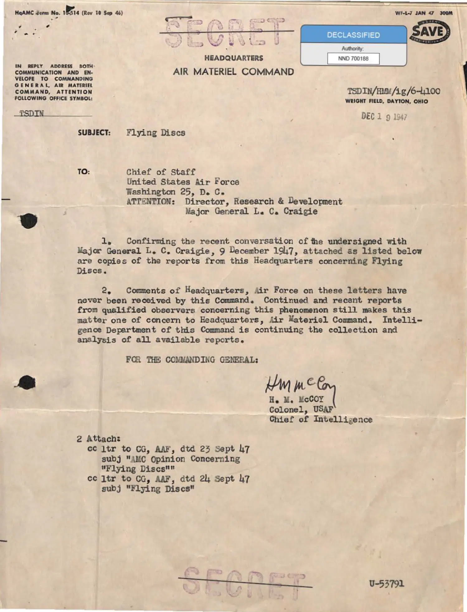 Flying-disc sightings and Air Materiel Command correspondence, 1946–1947 — opening source page