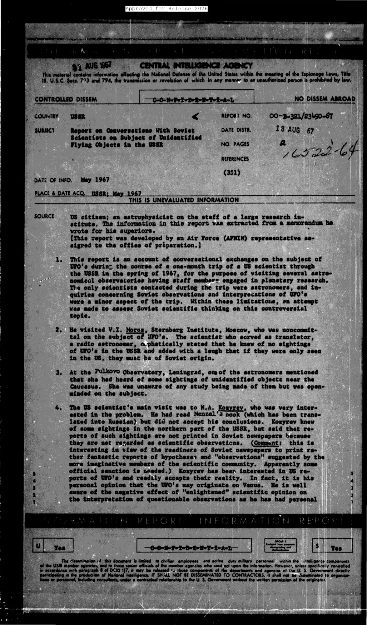 Conversations with Soviet scientists about UFOs, 1967 — opening source page