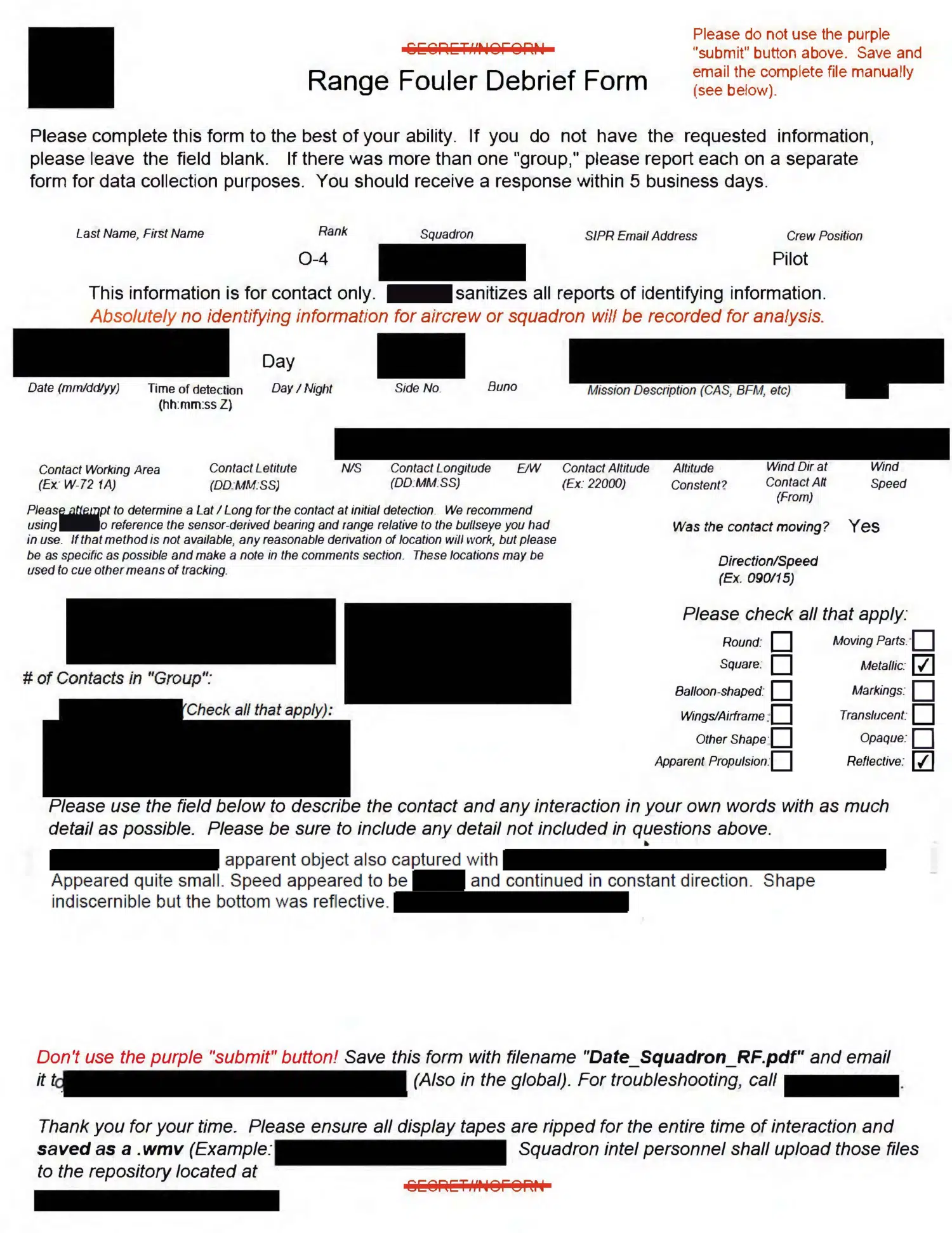 Navy range-fouler report: small reflective object, Eastern United States, 2020 — opening source page
