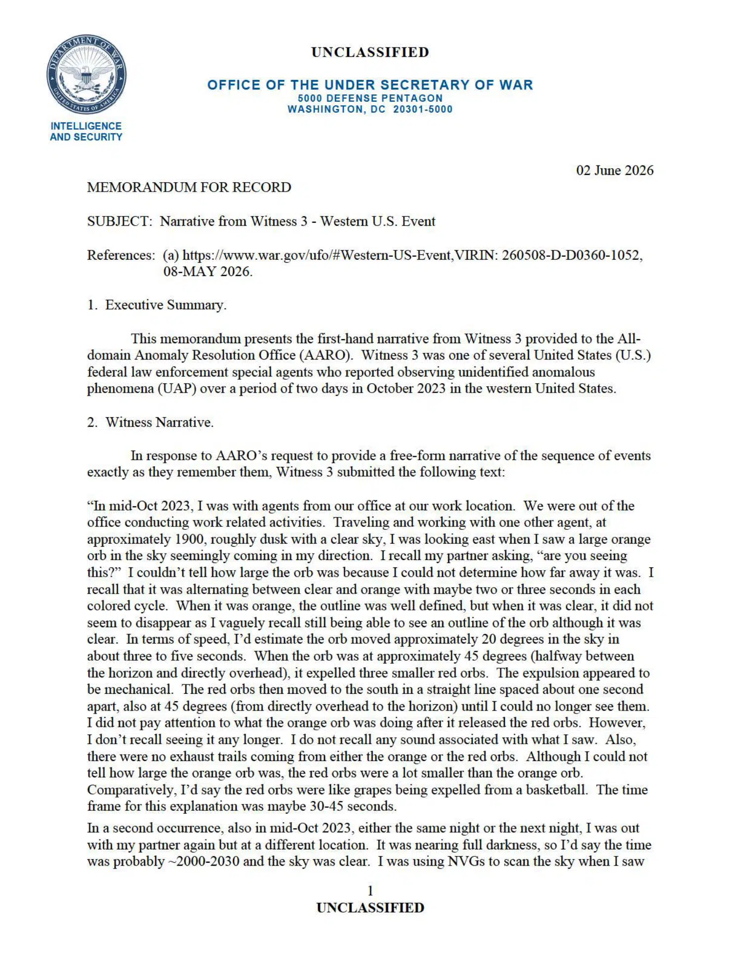 Western United States UAP event: witness 3 statement, 2023 — opening source page