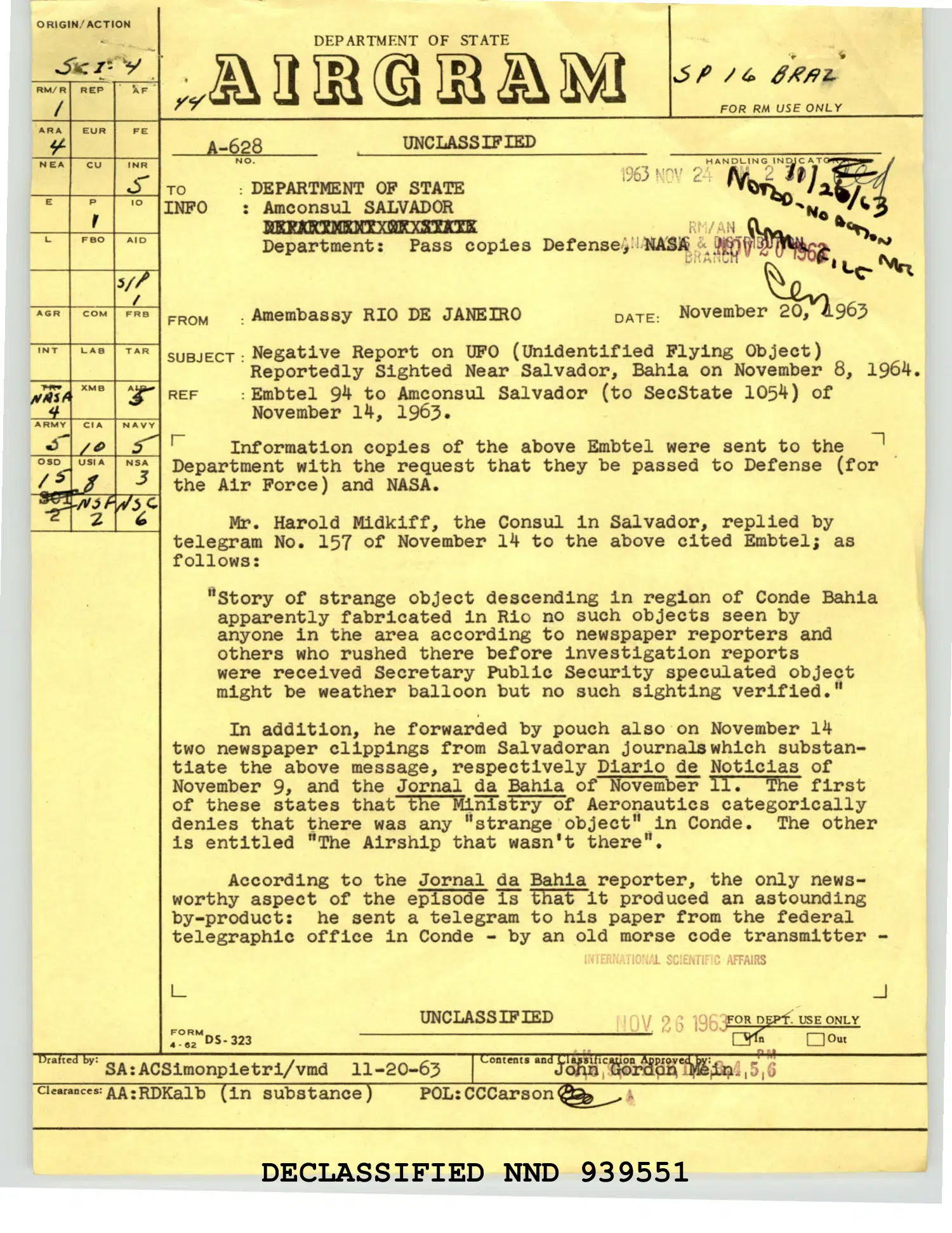 Brazil cable: consulate finds the crash story unsubstantiated, 20 November 1963 — opening source page