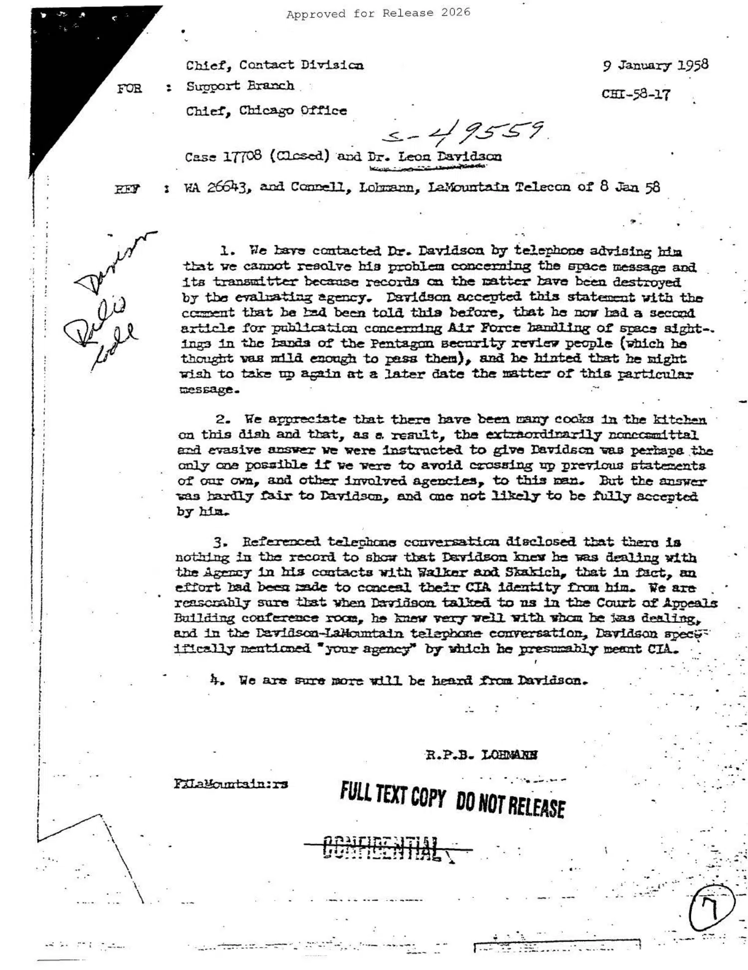 CIA conversation with Leon Davidson about a “space message,” 1958 — opening source page
