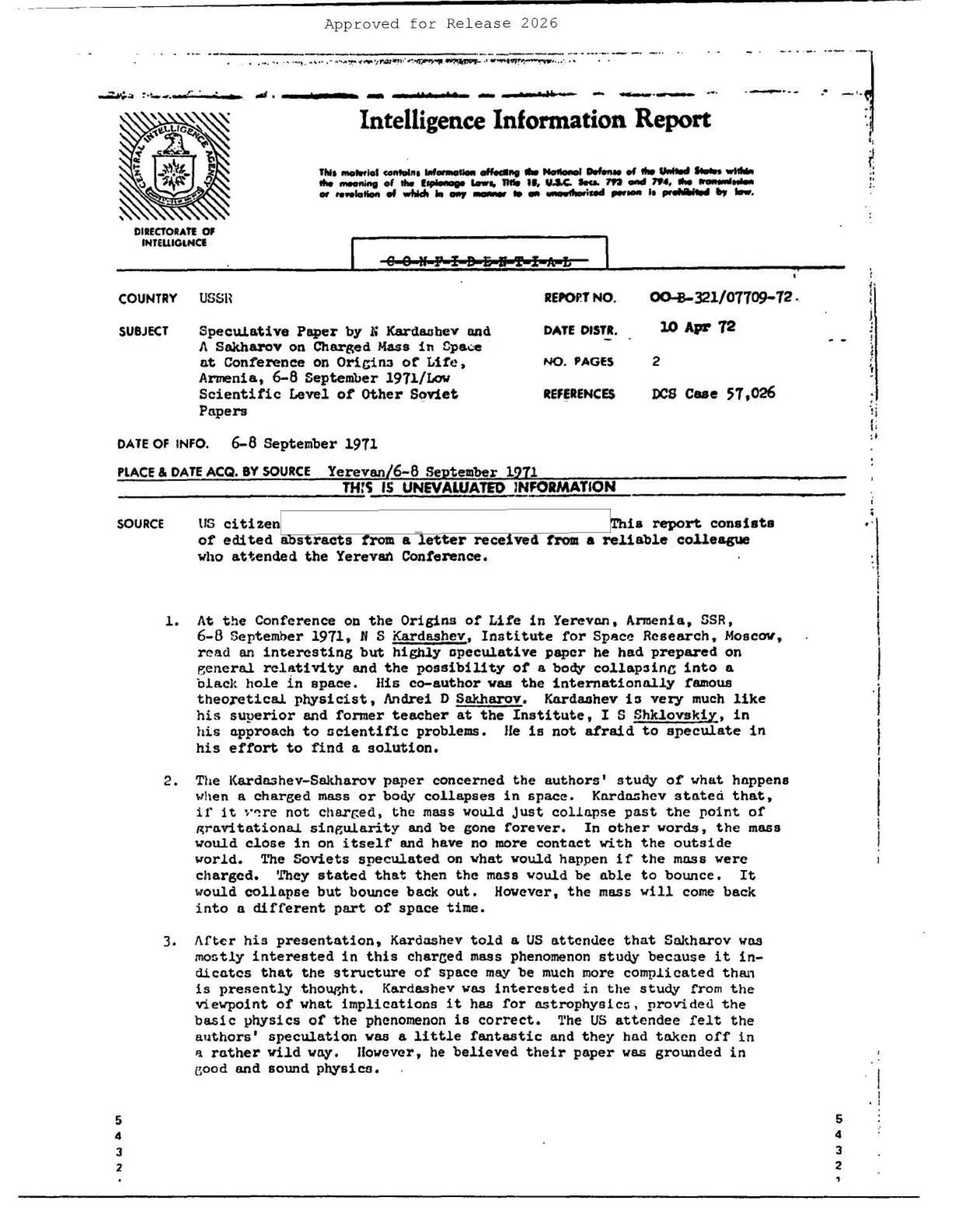 Kardashev and Sakharov's paper on charged mass in space — opening source page