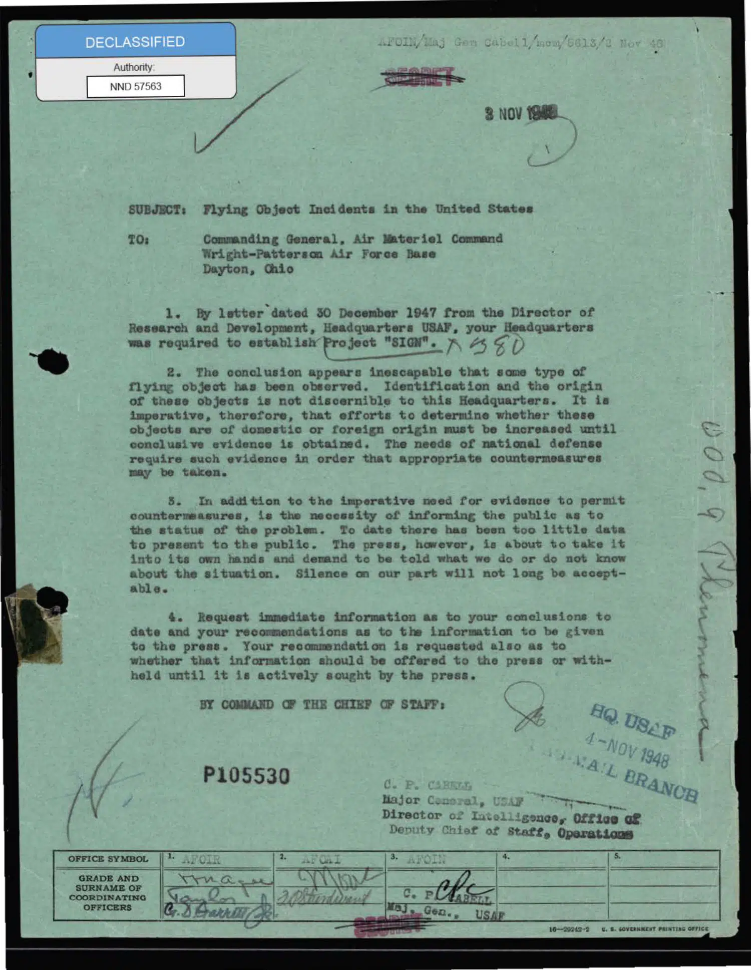 Air Materiel Command investigation of UFO reports, 1947–1948 — opening source page