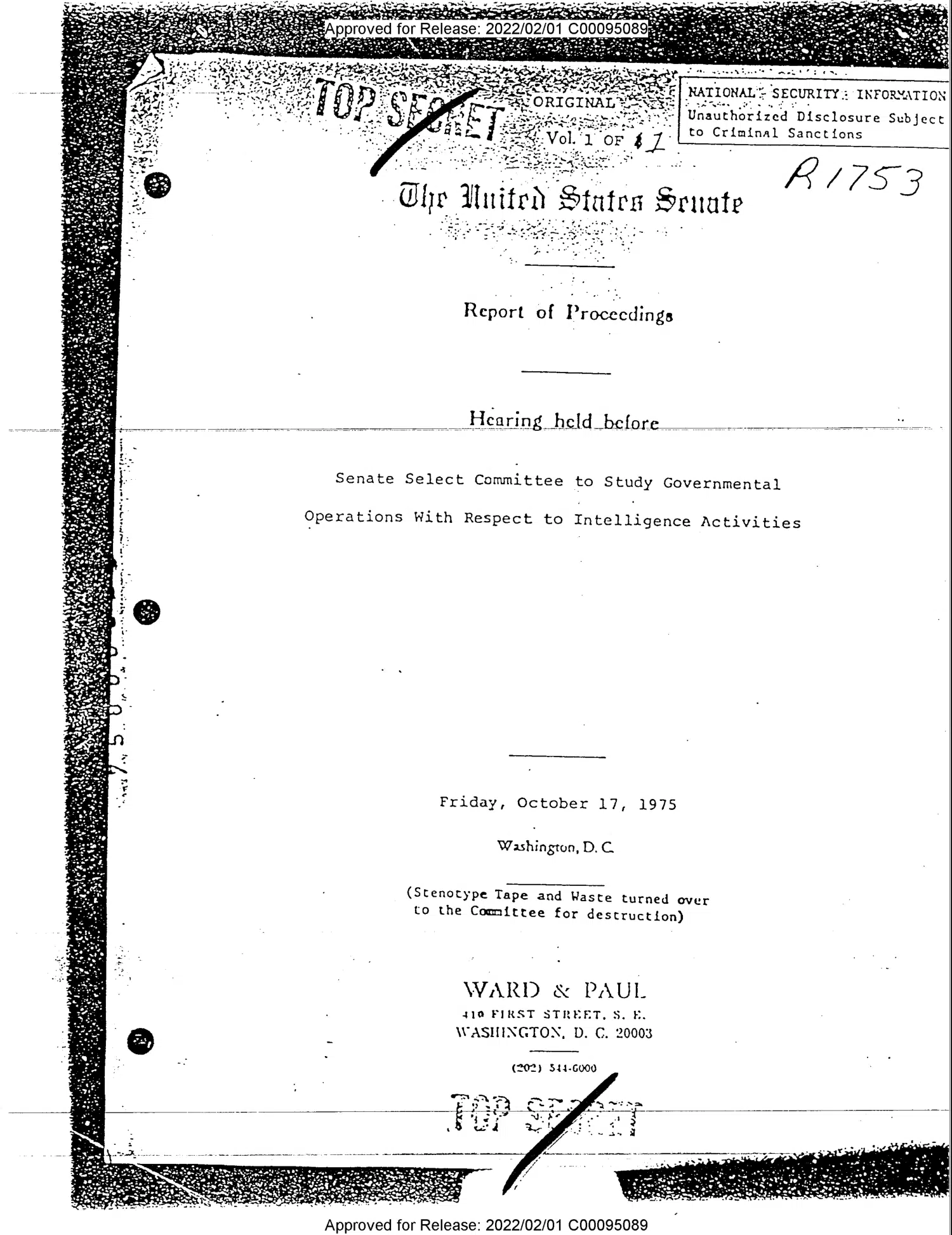 Sidney Gottlieb testimony before the Church Committee — 17 October 1975 — opening source page