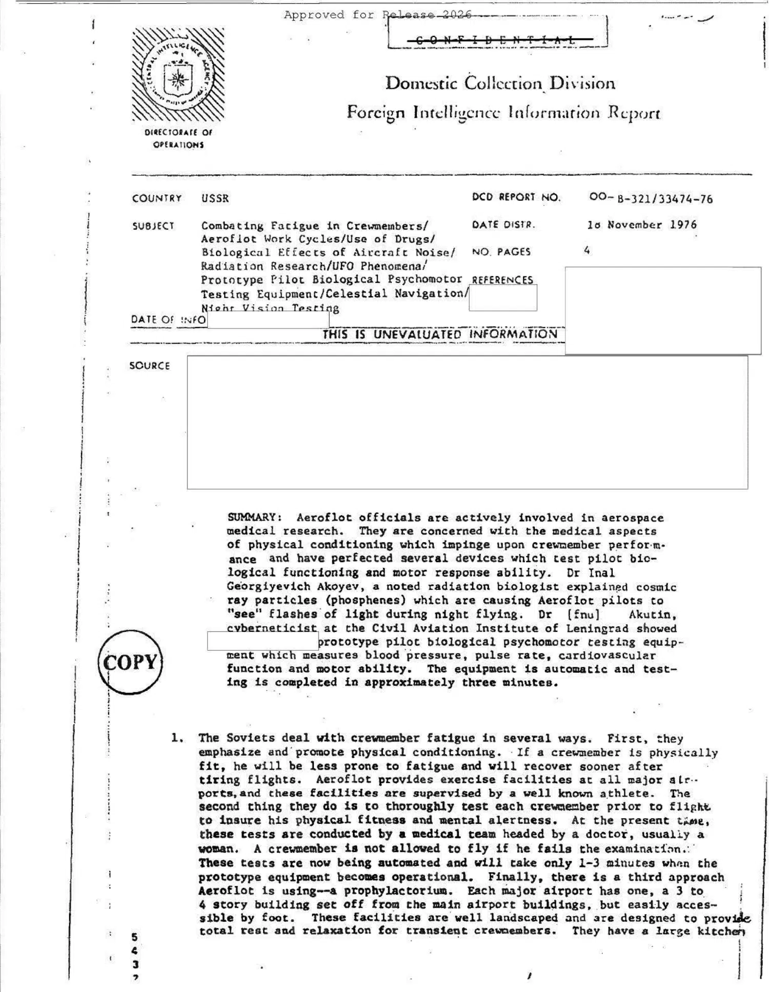 Soviet aerospace medicine and crew fatigue, 1976 — opening source page
