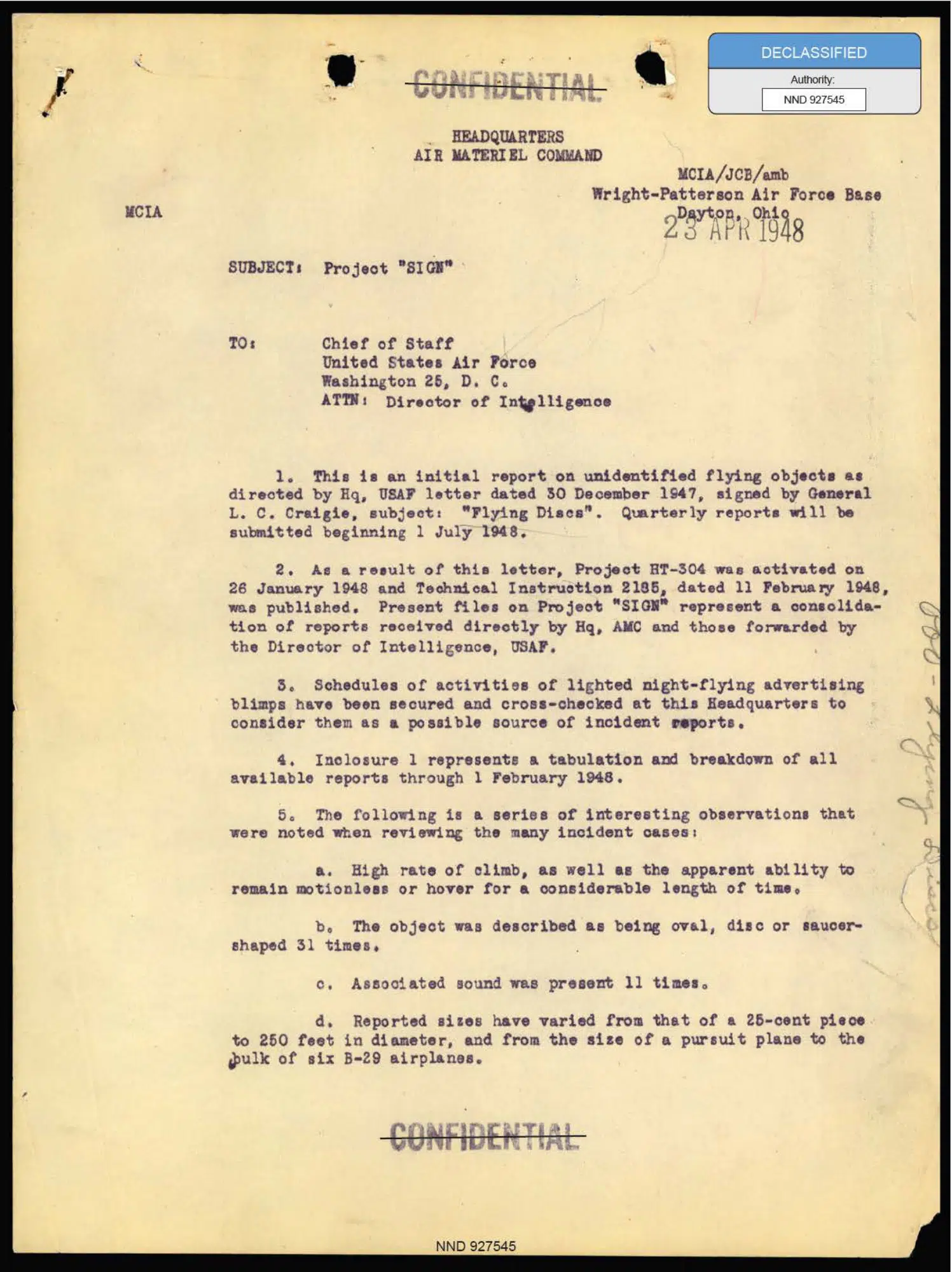 Project Sign progress report, 1948 — opening source page