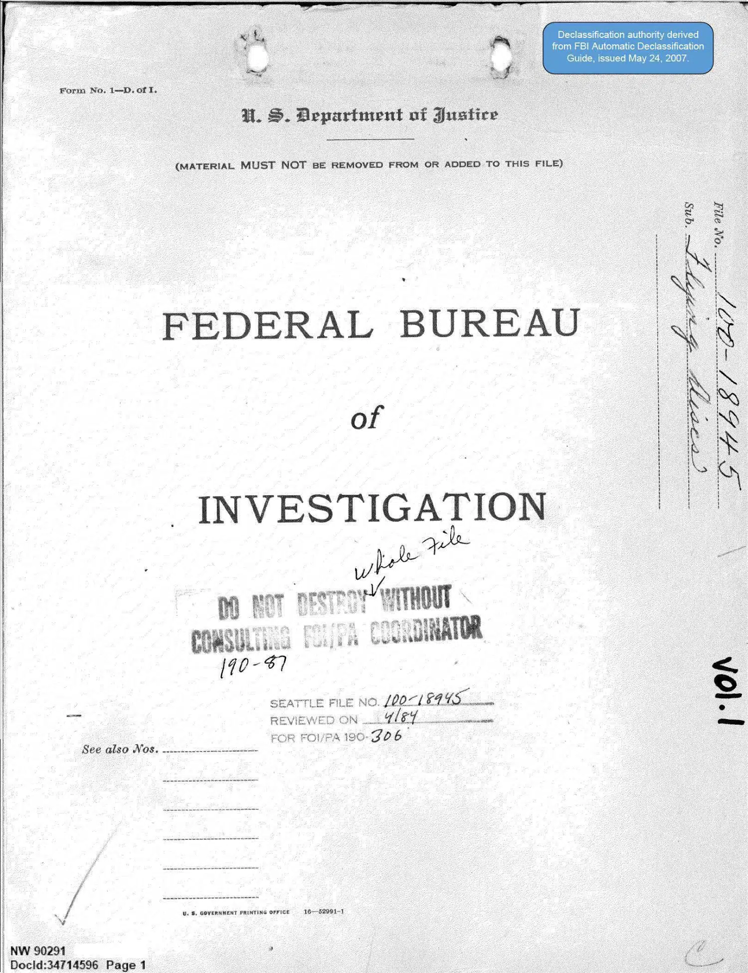 FBI investigation of Washington State UFO reports, 1952–1960 — opening source page