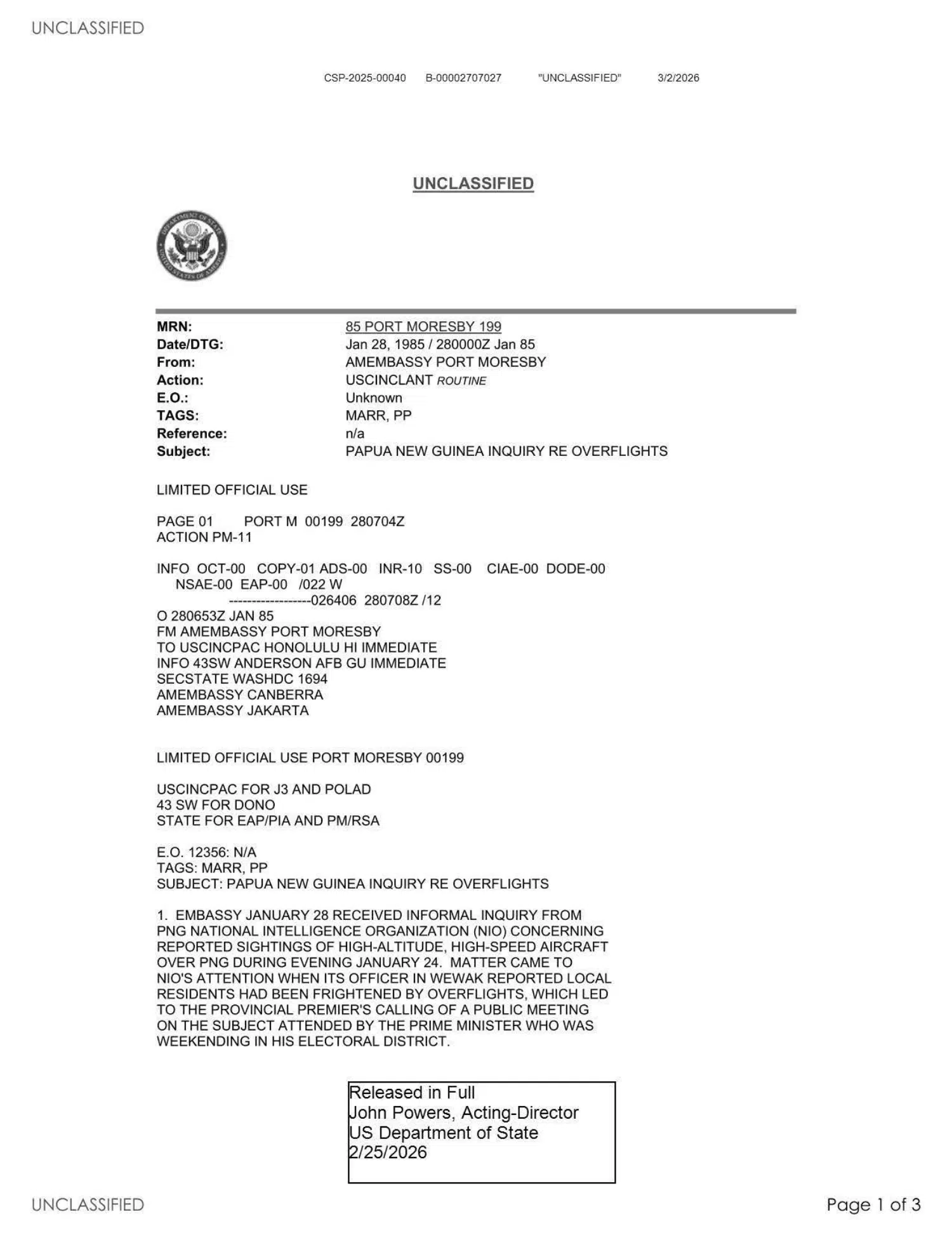 Papua New Guinea cable: reports of high-altitude aircraft, January 1985 — opening source page