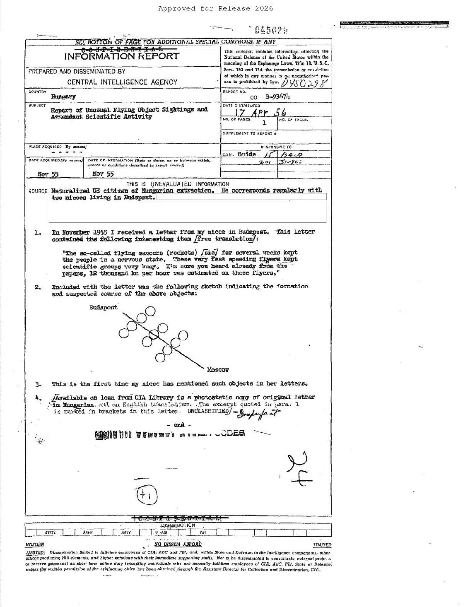 Reported flying objects between Budapest and Moscow, 1956 — opening source page