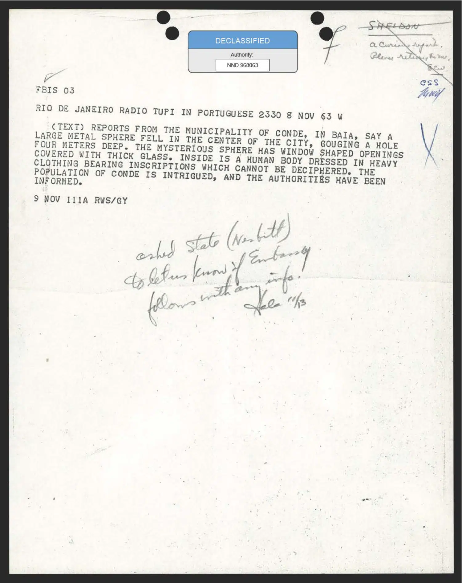 Space Council inquiry into the Bahia crash report, November 1963 — opening source page