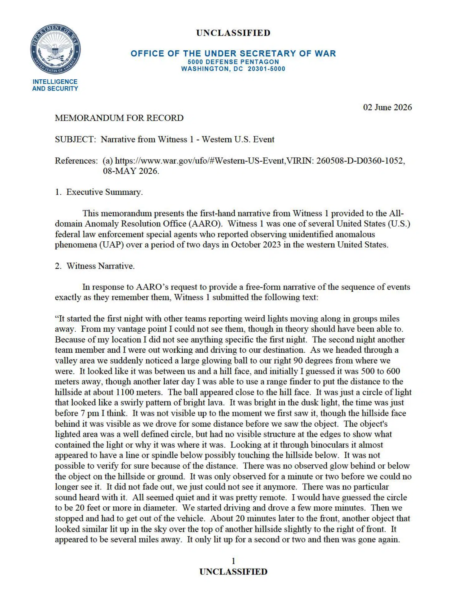 Western United States UAP event: witness 1 statement, 2023 — opening source page