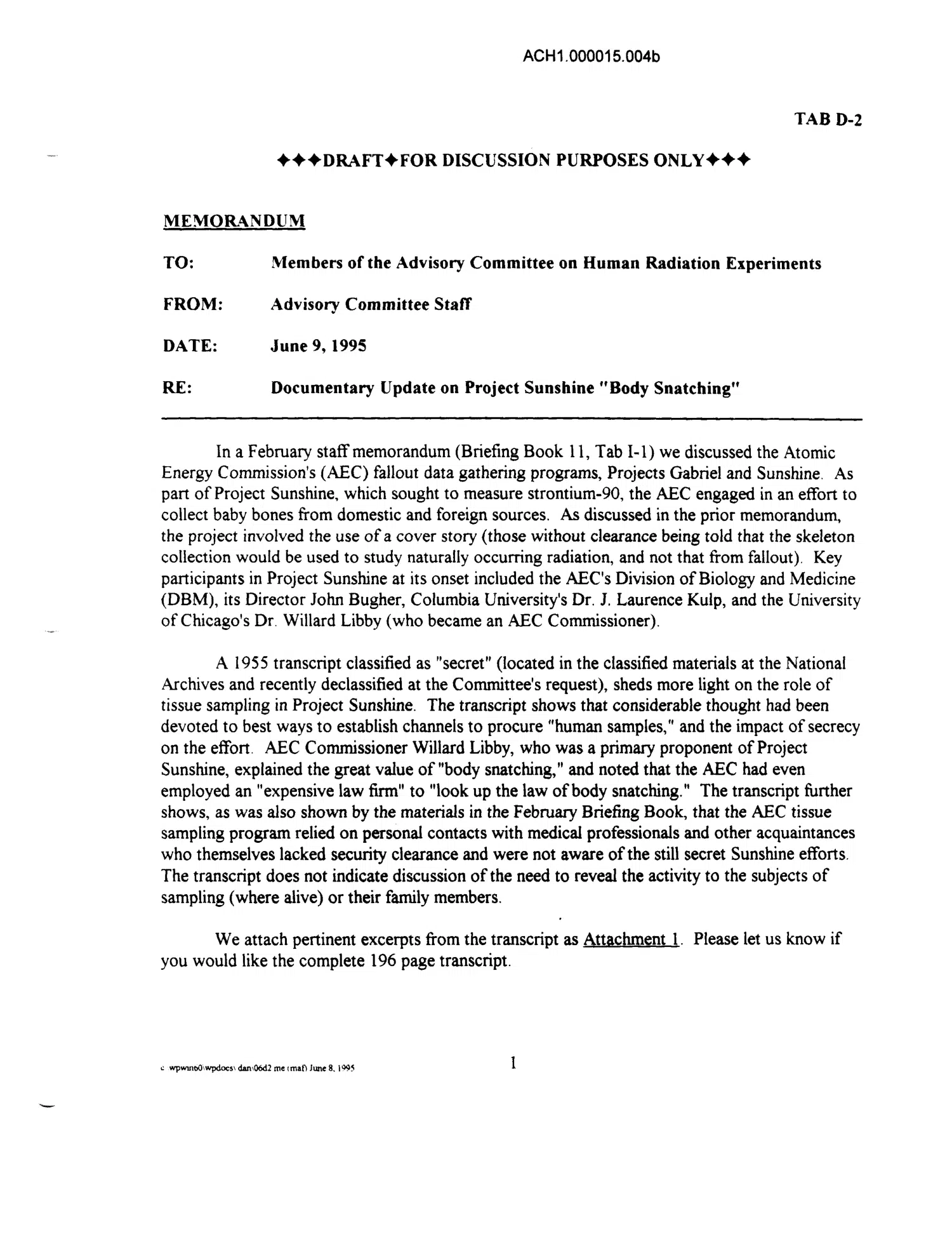 Project Sunshine 'Body Snatching' — ACHRE staff memorandum — opening source page