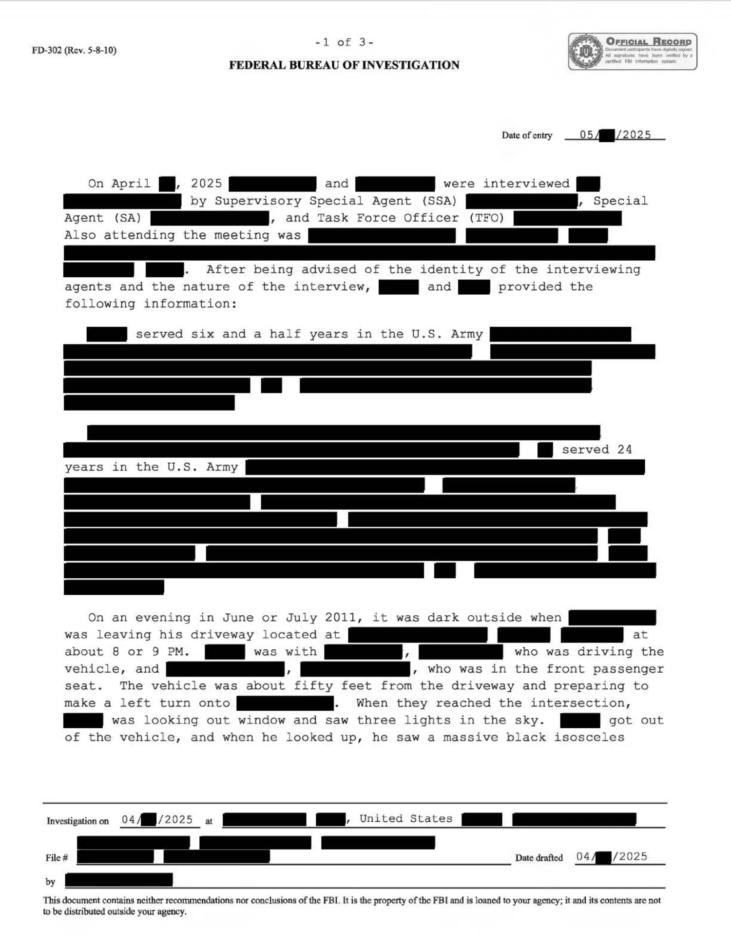 FBI interview: reported dark triangle with lights, 2011 — opening source page