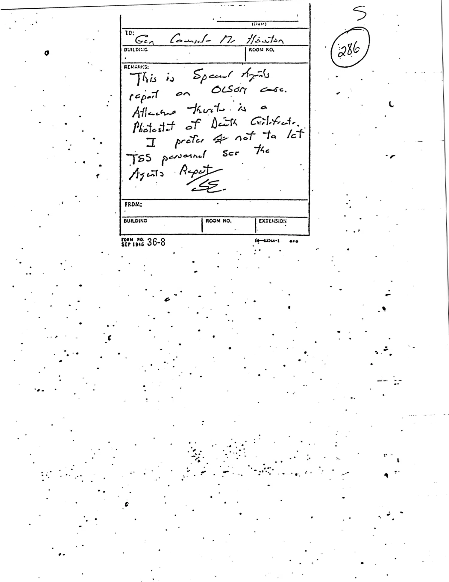 Special Agent's report on Frank Olson, with routing sheet, 3 December 1953 — opening source page