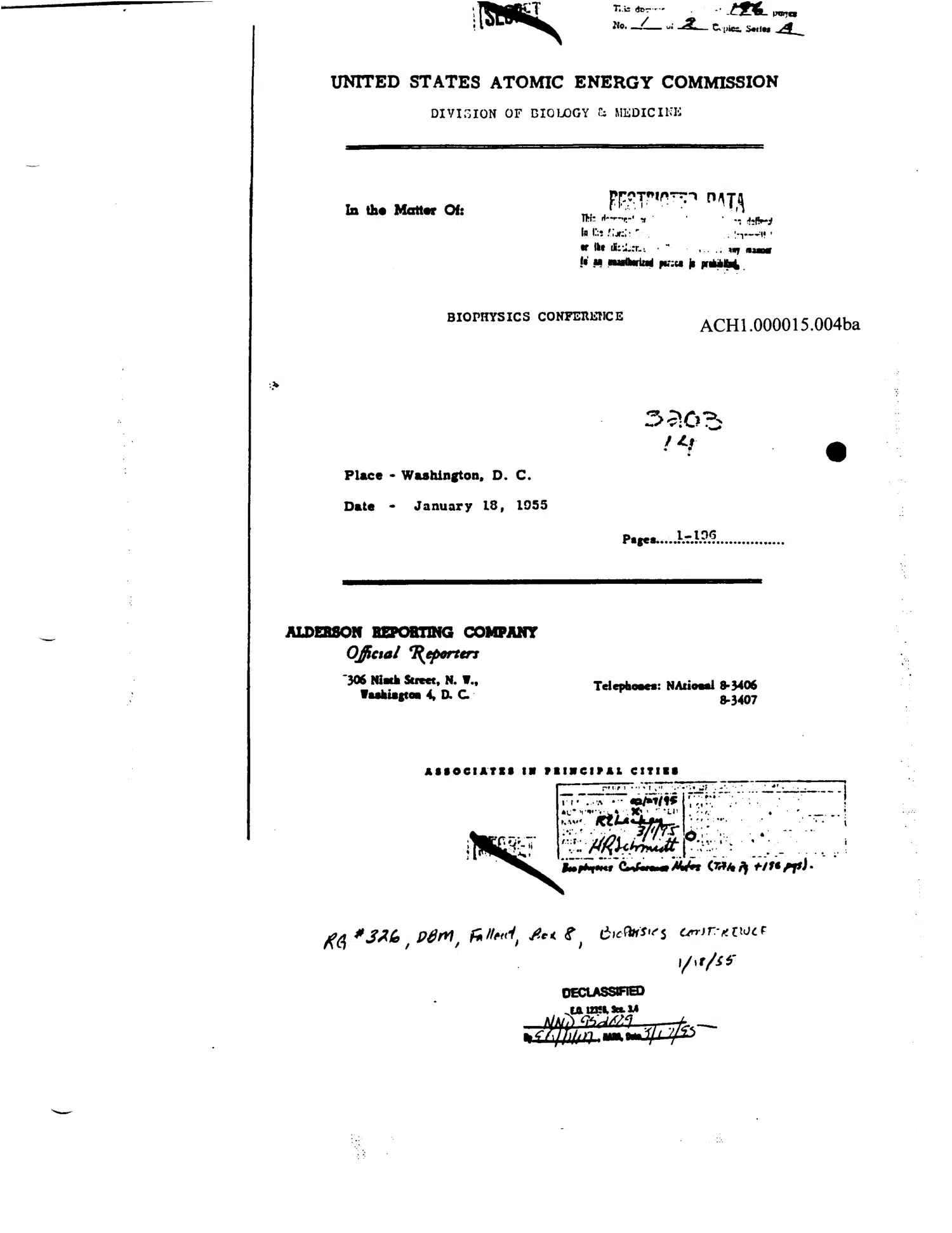 Biophysics Conference of 18 January 1955 — ACHRE excerpt set — opening source page