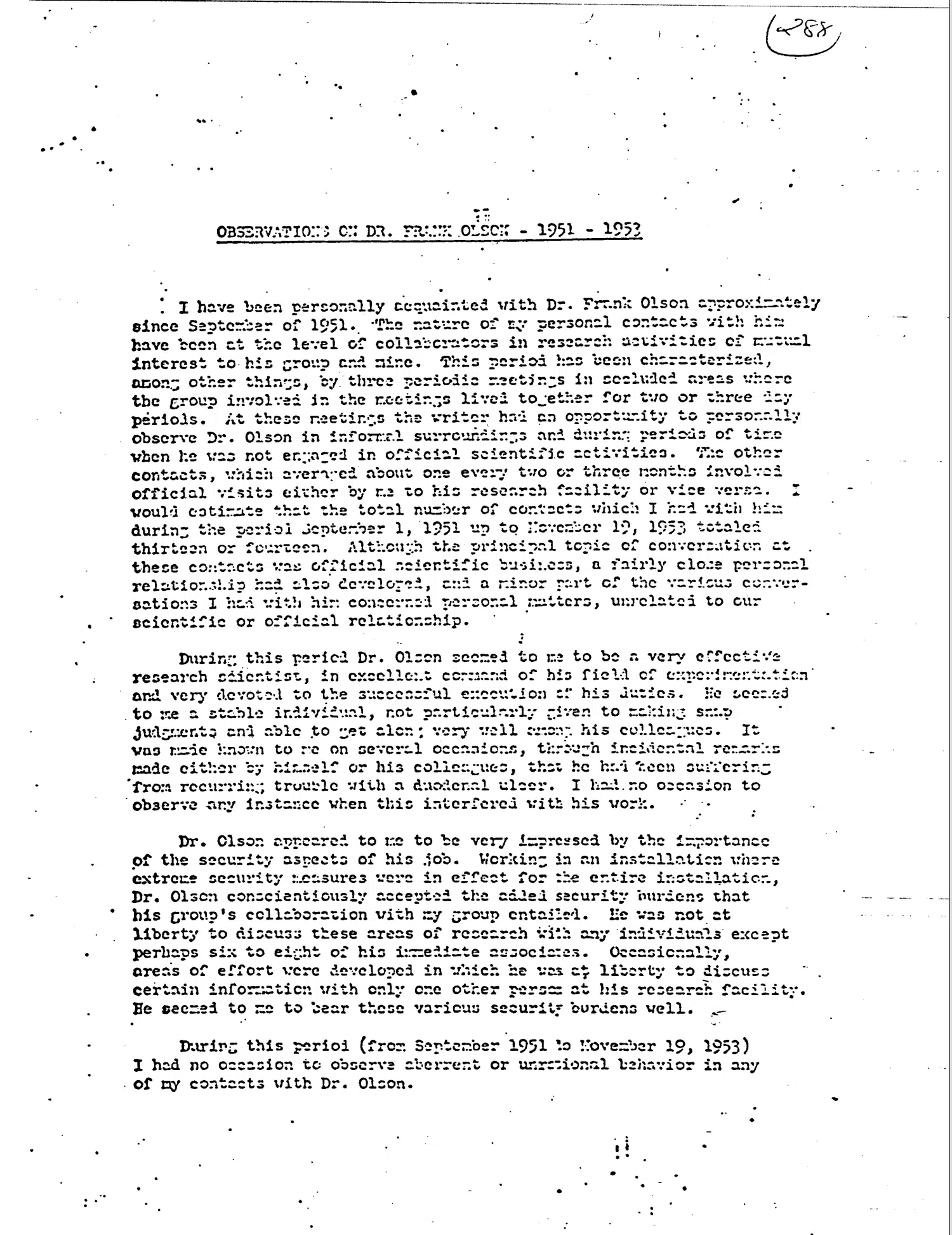 Statement, "Observations on Dr. Frank Olson - 1951-1953", 7 December 1953 — opening source page