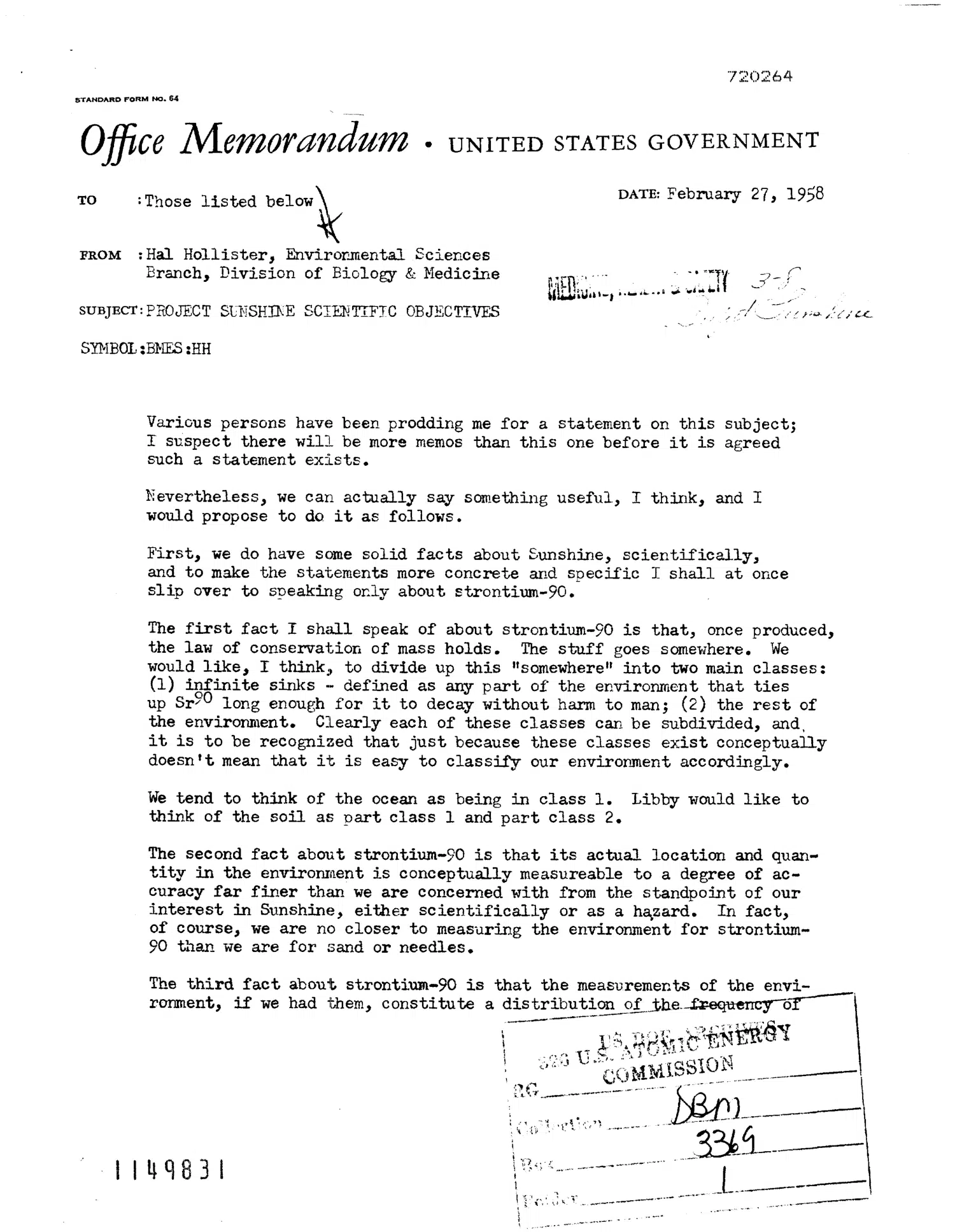 Memorandum to Dunham and others: Project Sunshine Scientific Objectives — opening source page