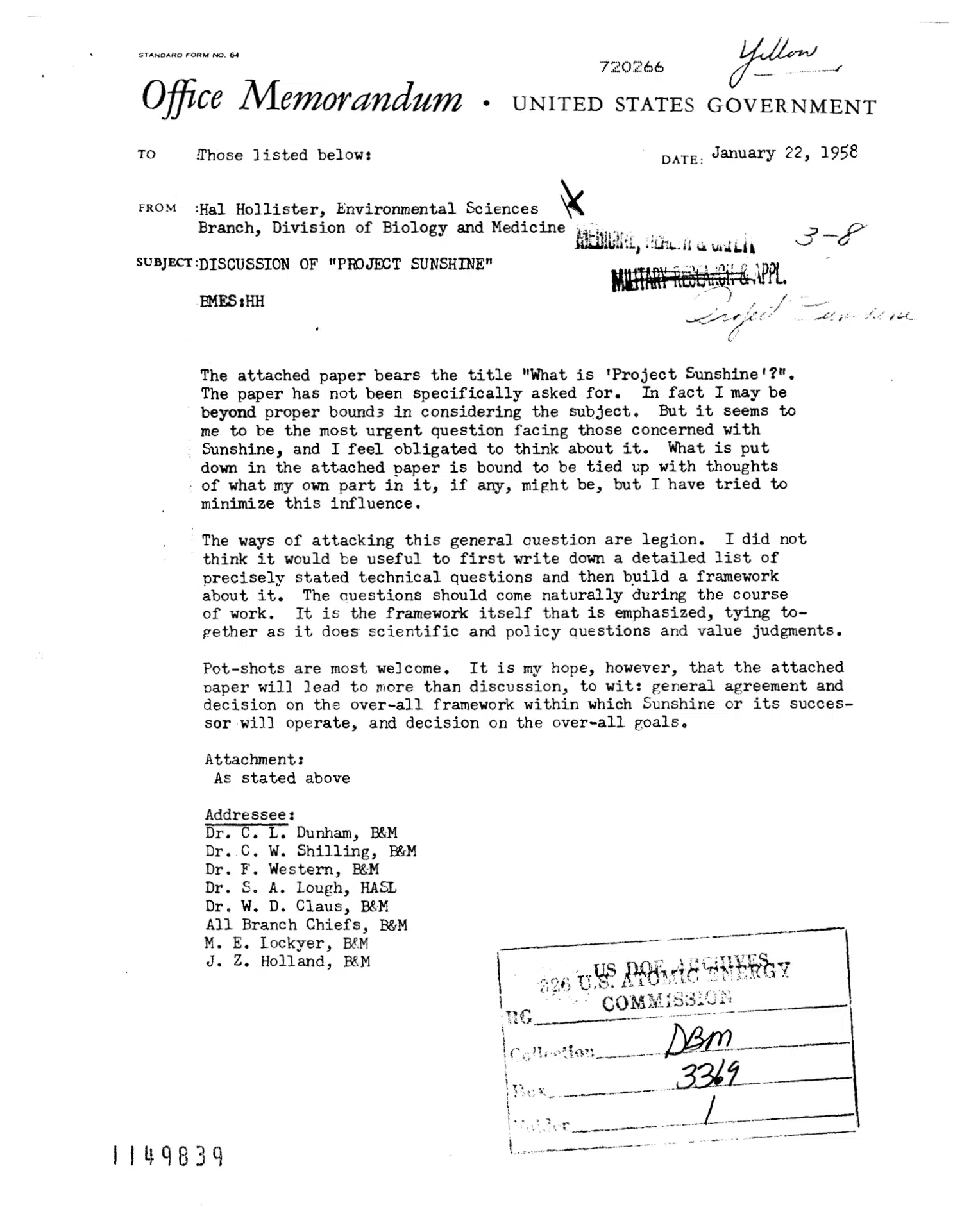 Defining Project Sunshine: Hollister's covering memo — opening source page