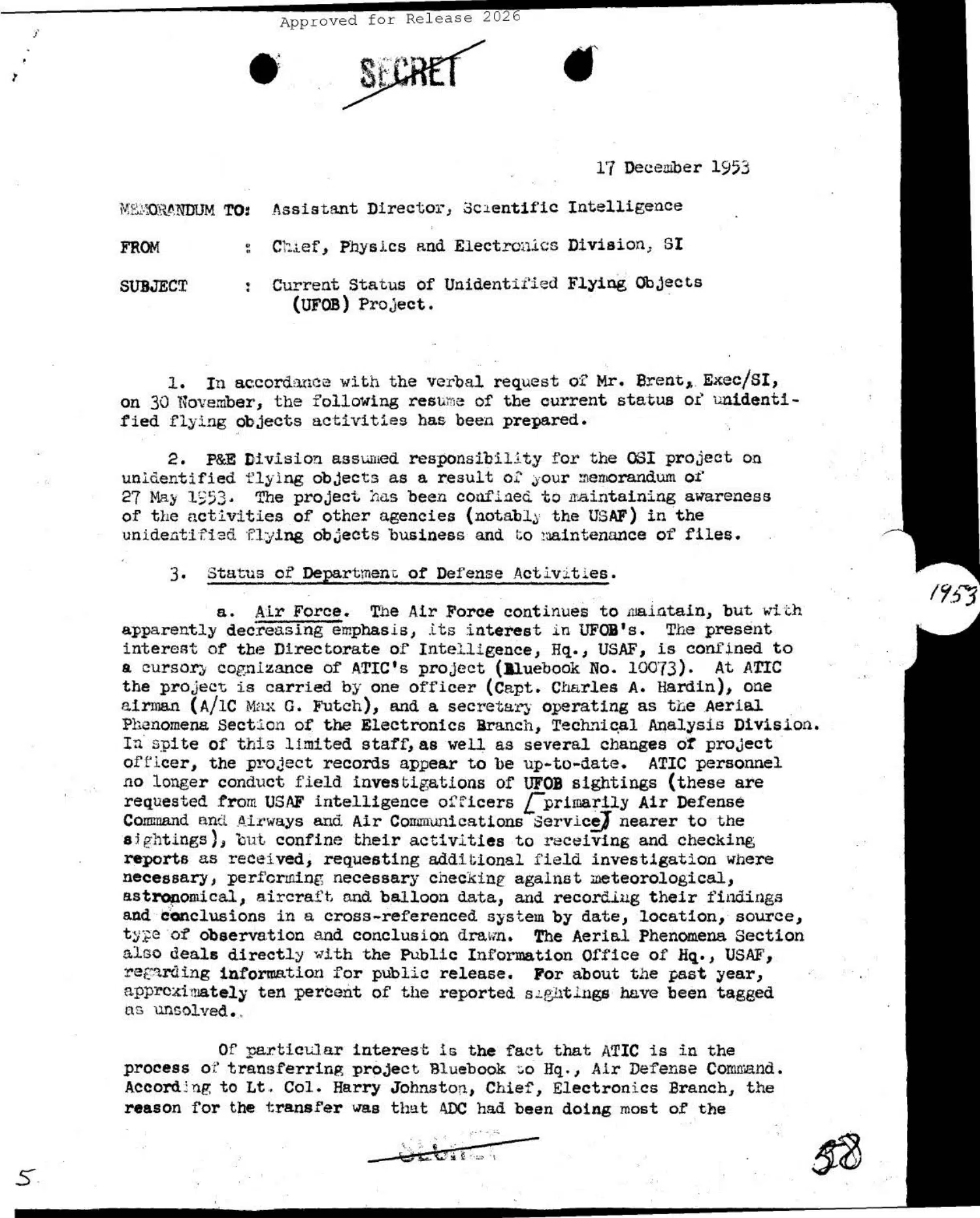 Status of the Air Force UFO project, December 1953 — opening source page