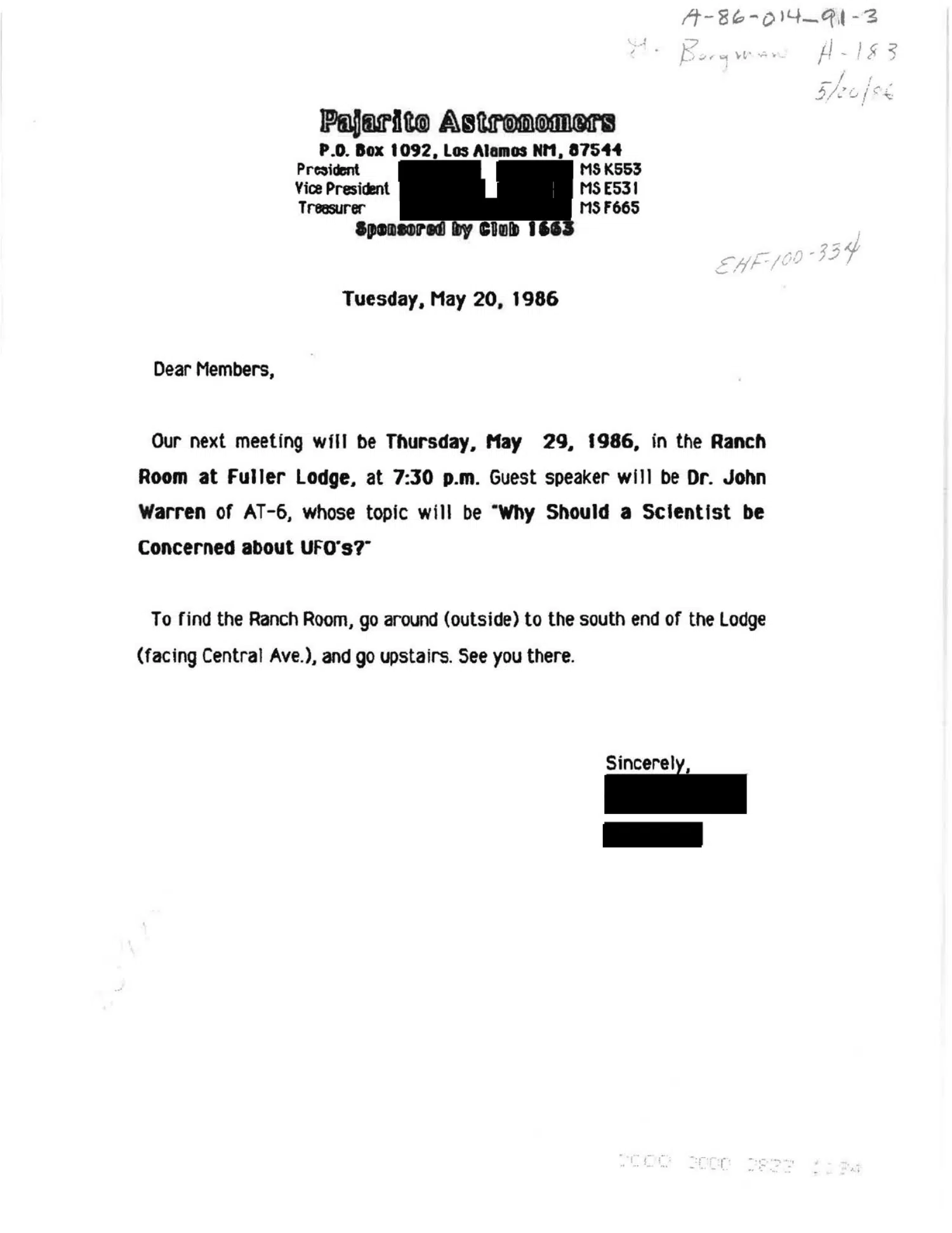 Pajarito Astronomers invitation to a UFO talk, 1986 — opening source page