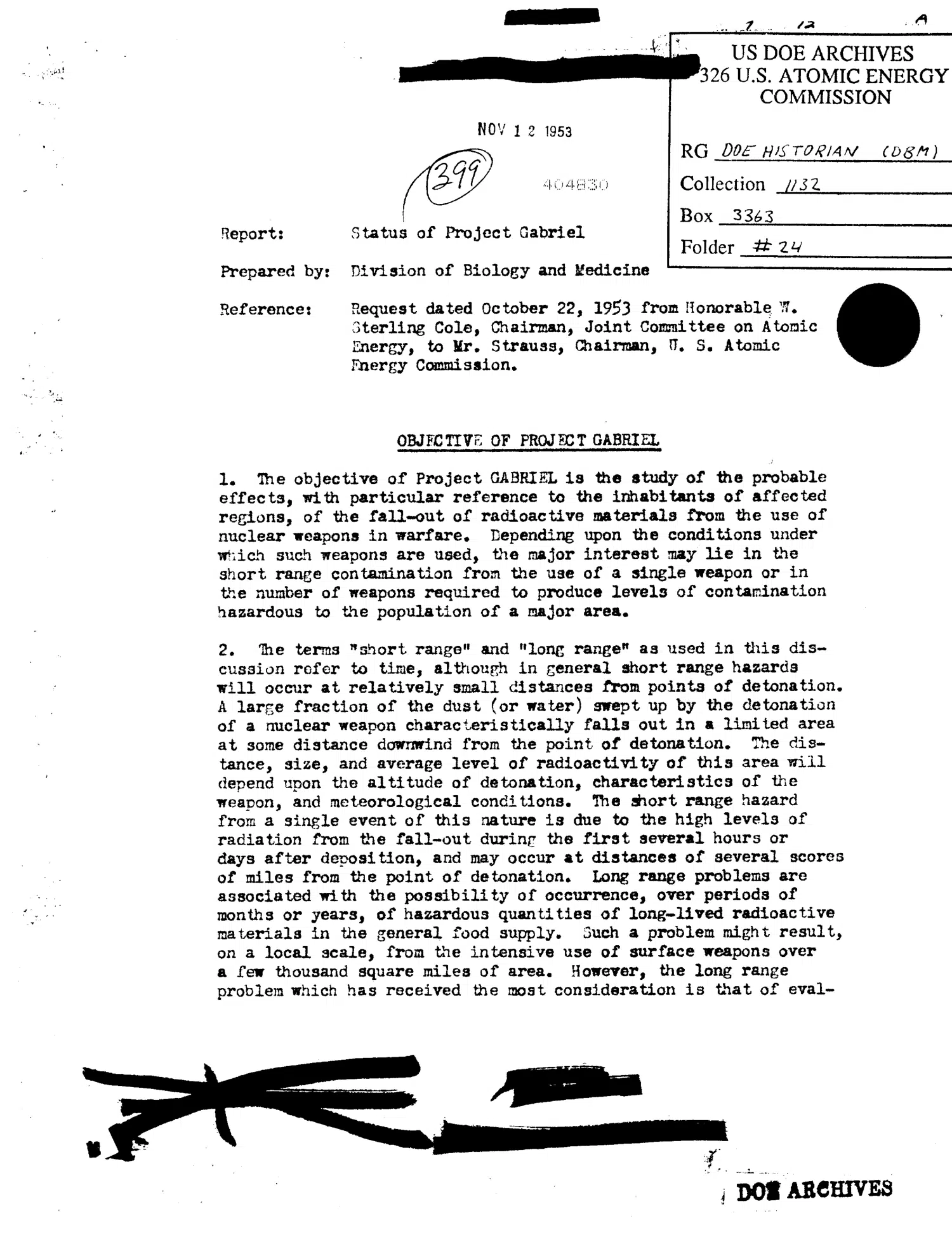 Status of Project Gabriel report, study of the probable effects, with particular reference to the inhabitants of affected regions, from the use of nuclear weapons in warfare — opening source page