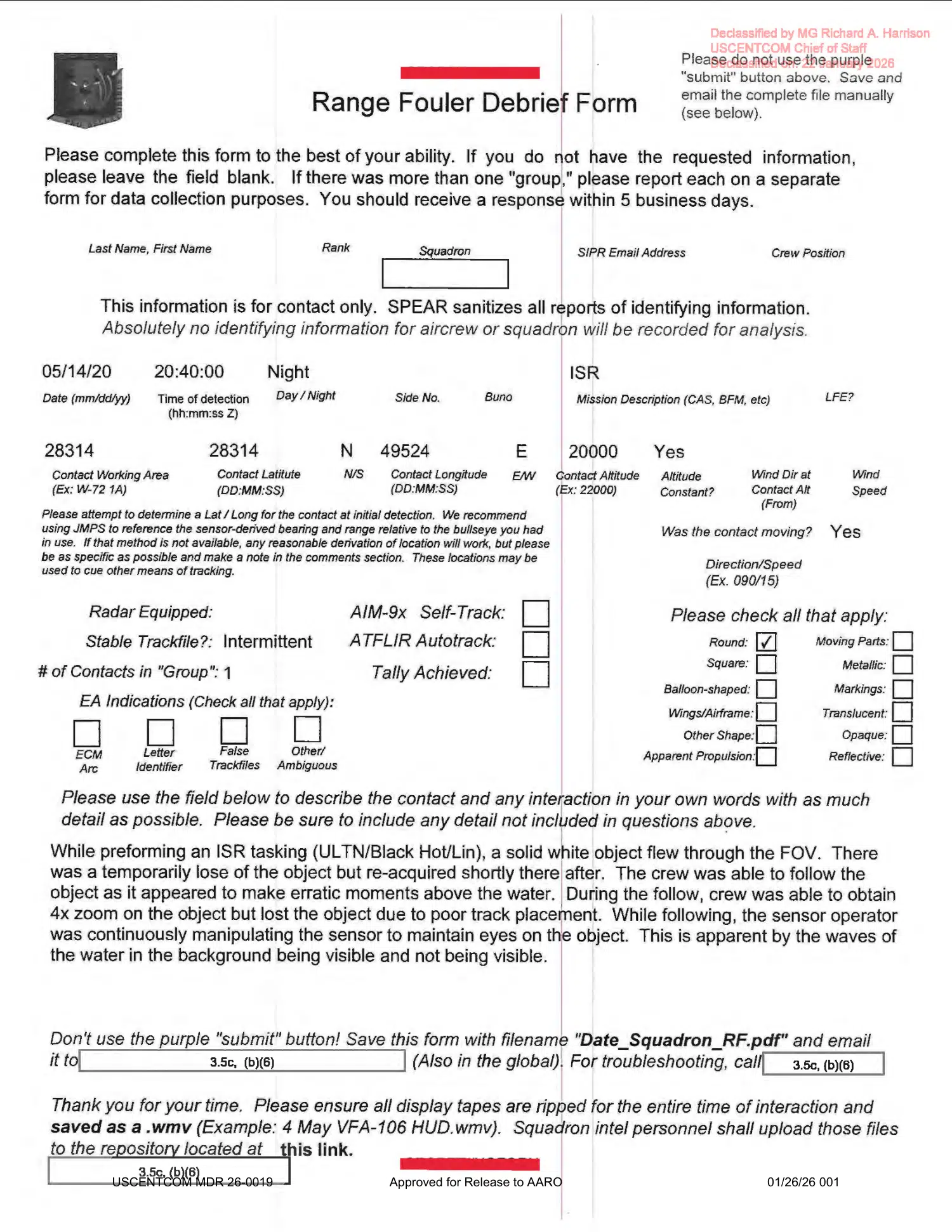 Navy range-fouler report: white object above water, Middle East, May 2020 — opening source page