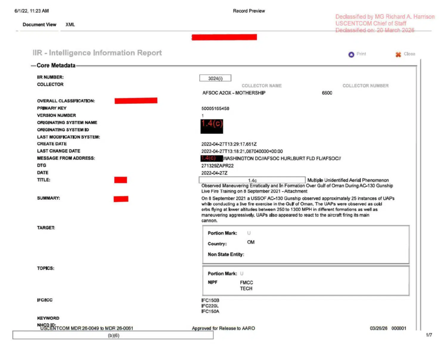 Aircrew report of infrared observations over the Gulf of Oman, 2021 — opening source page