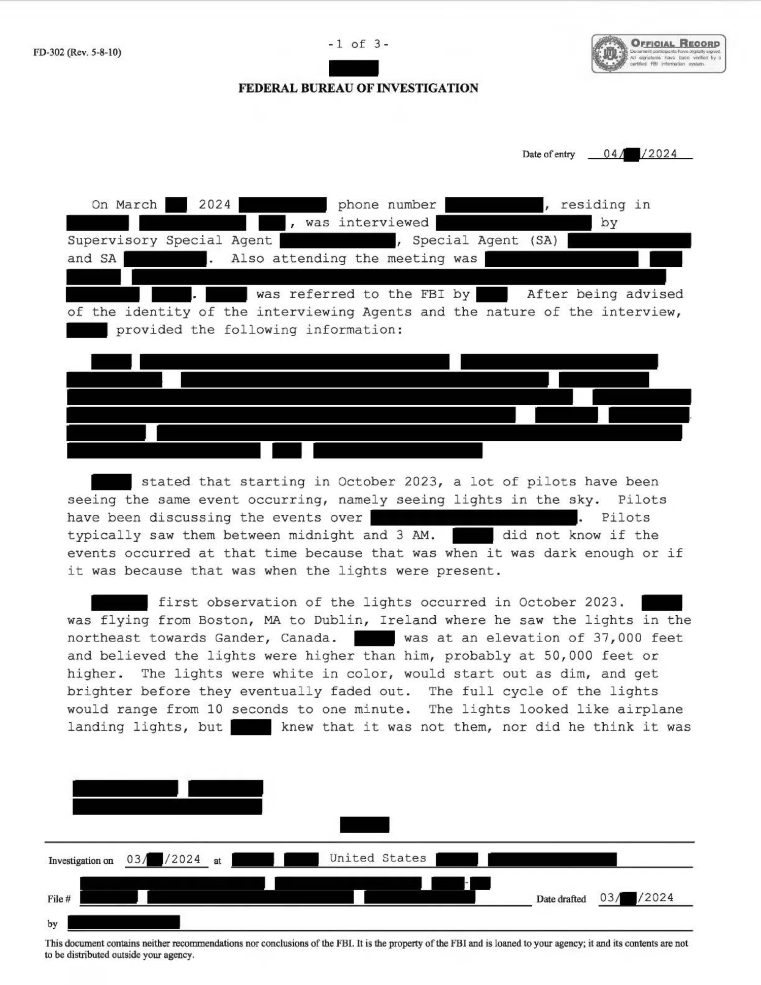 FBI pilot interview: airborne lights and a triangle, 2002 and 2023–2024 — opening source page