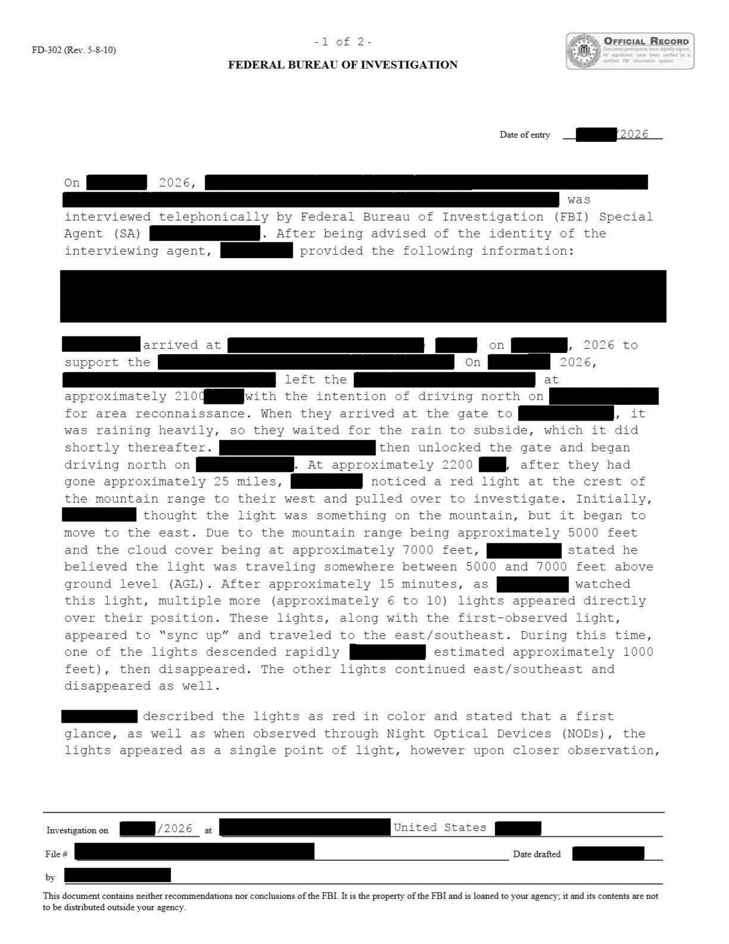 FBI telephone interview: multiple red lights across two incidents, 2026 — opening source page