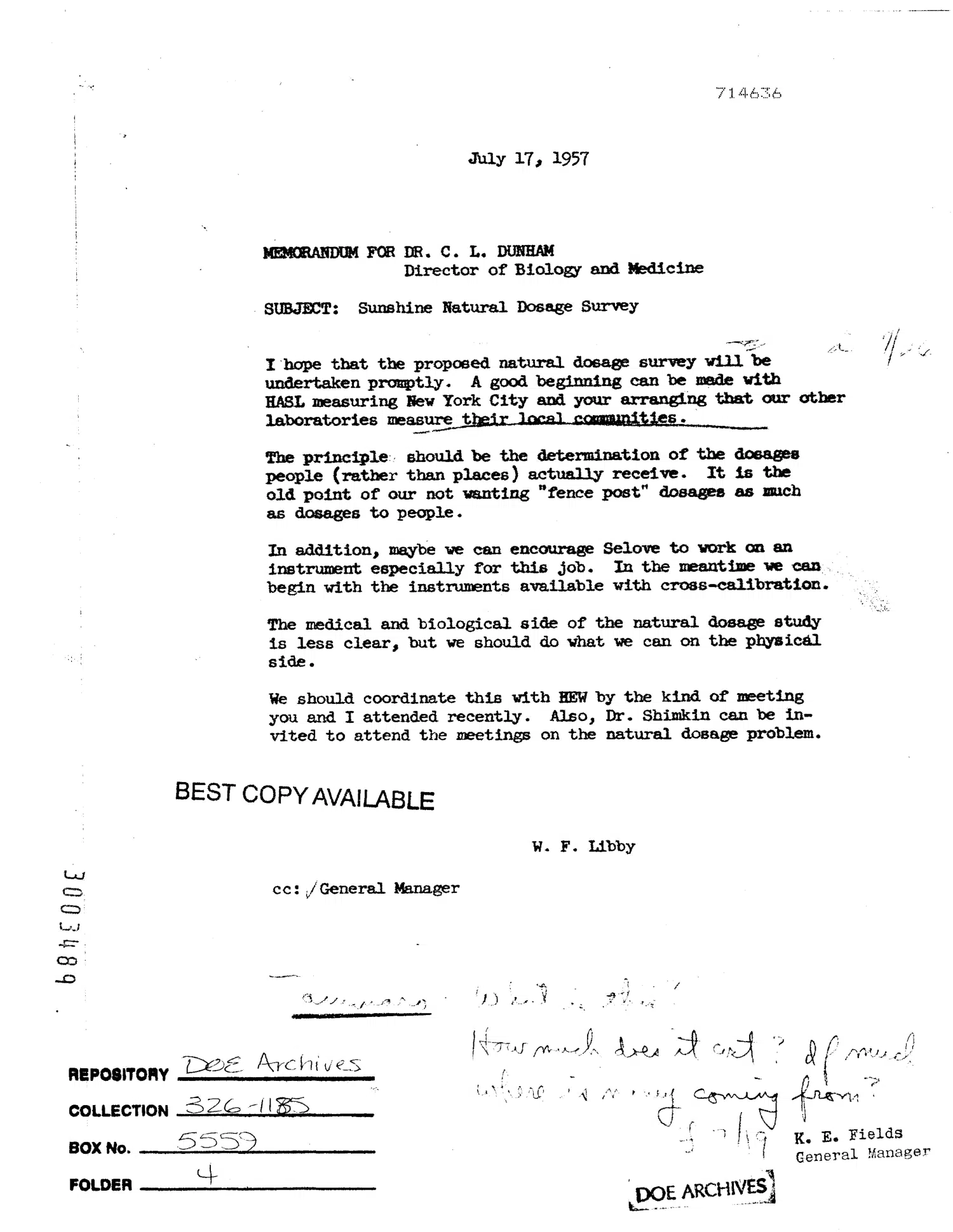 Memorandum for C. L. Dunham - Sunshine Natural Dosage Survey — opening source page
