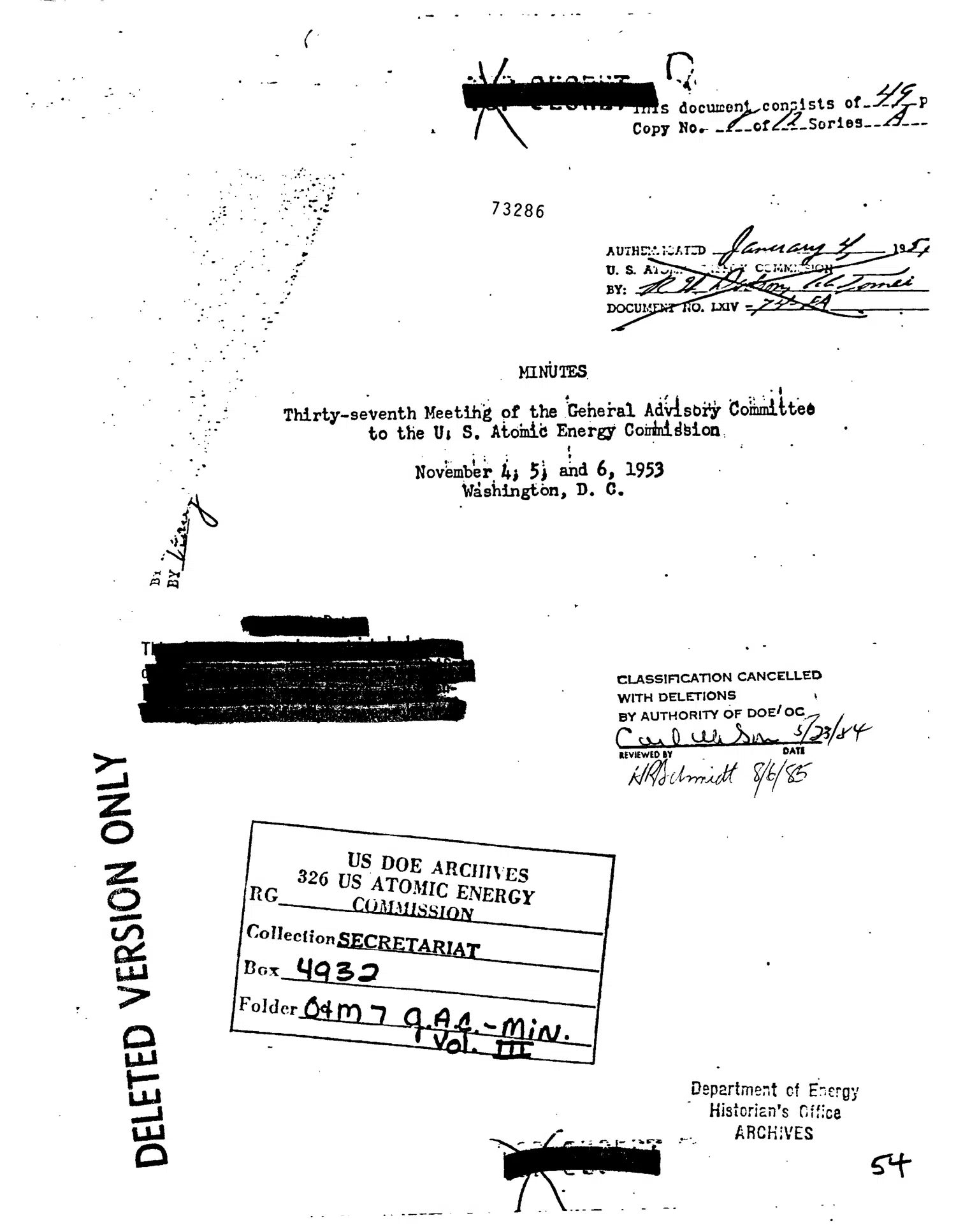 AEC General Advisory Committee, Thirty-seventh Meeting — deleted version — opening source page