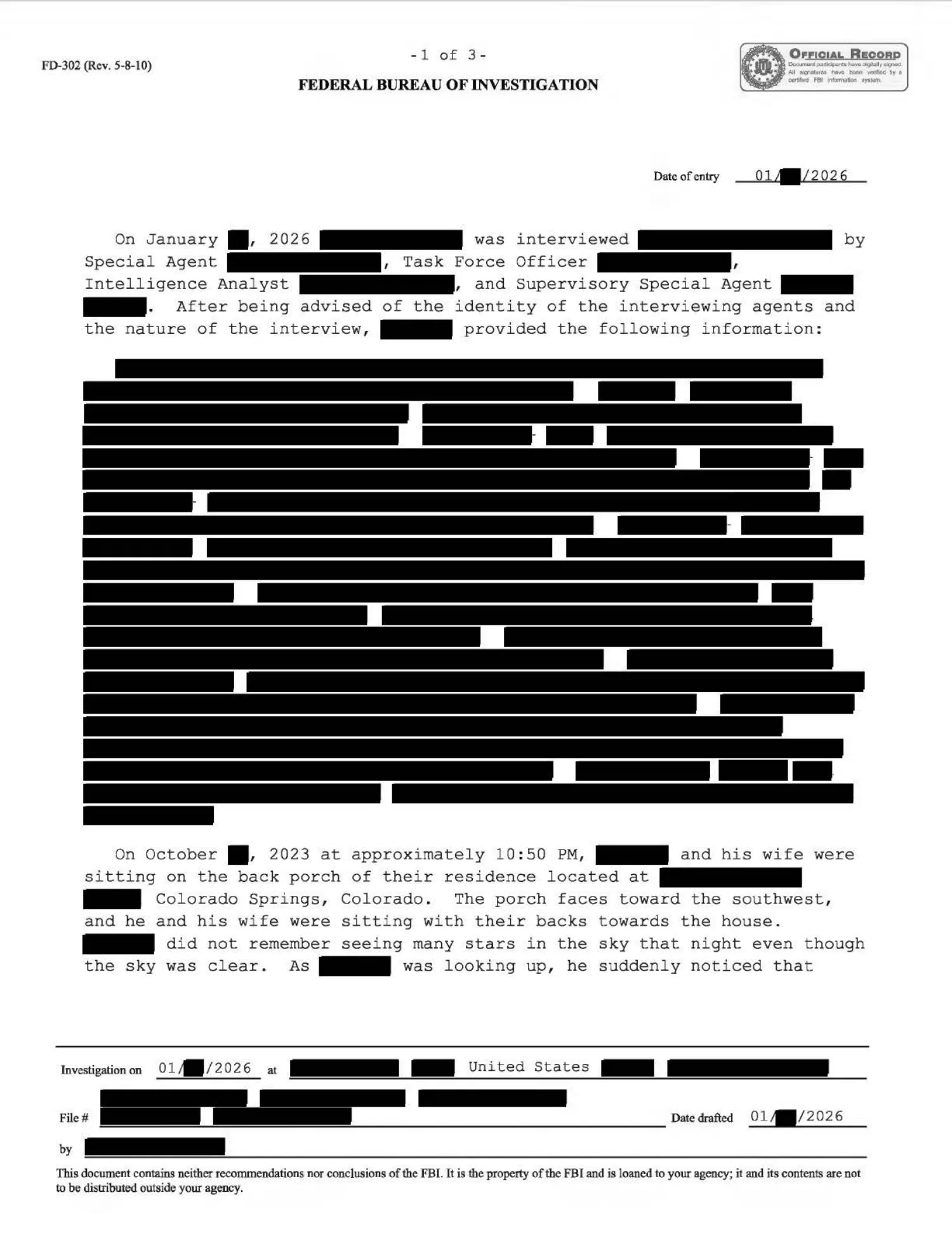 FBI interview: reported dark translucent triangle, Colorado Springs, 2023 — opening source page