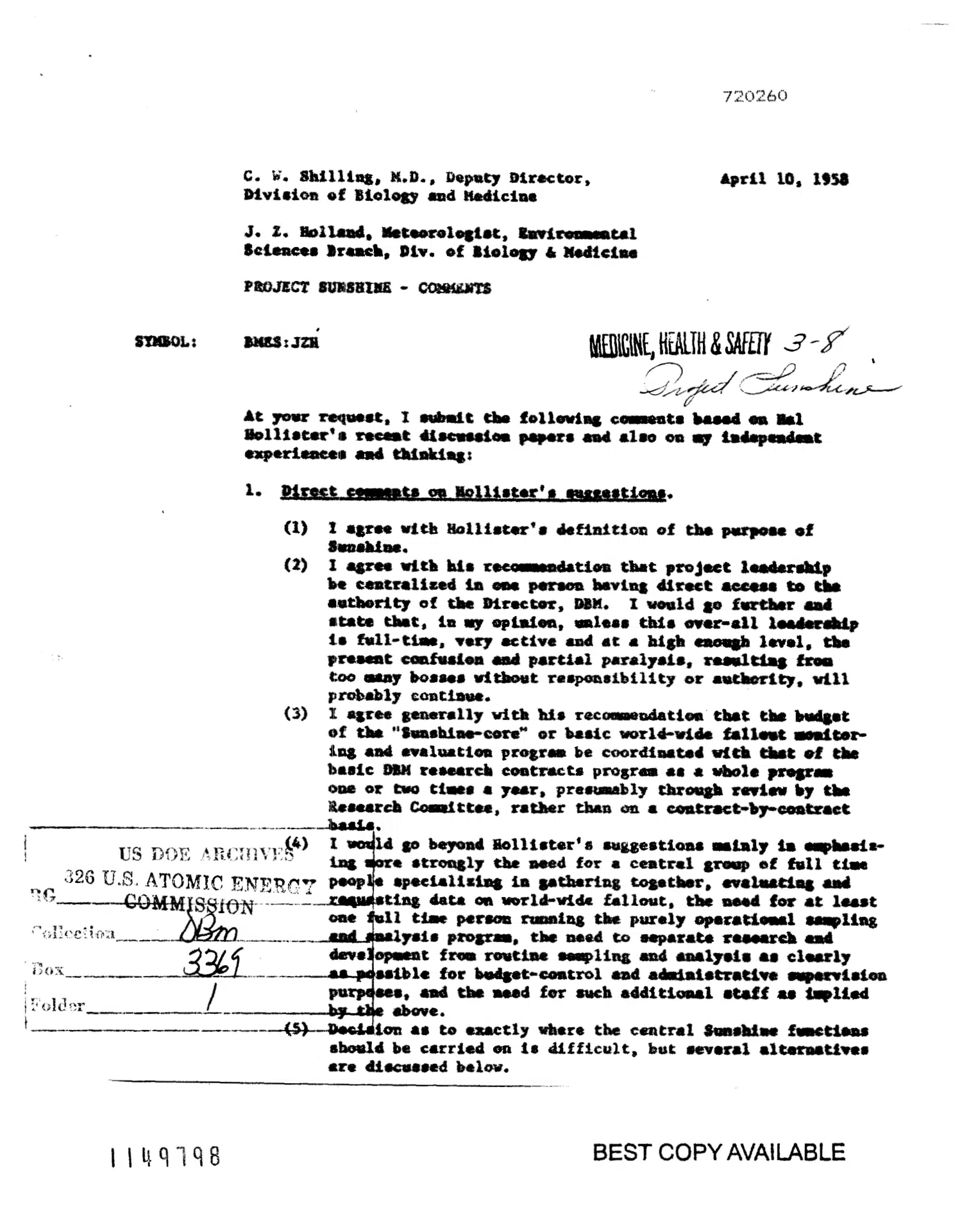 Memorandum to C. W. Shilling - Project Sunshine, comments — opening source page