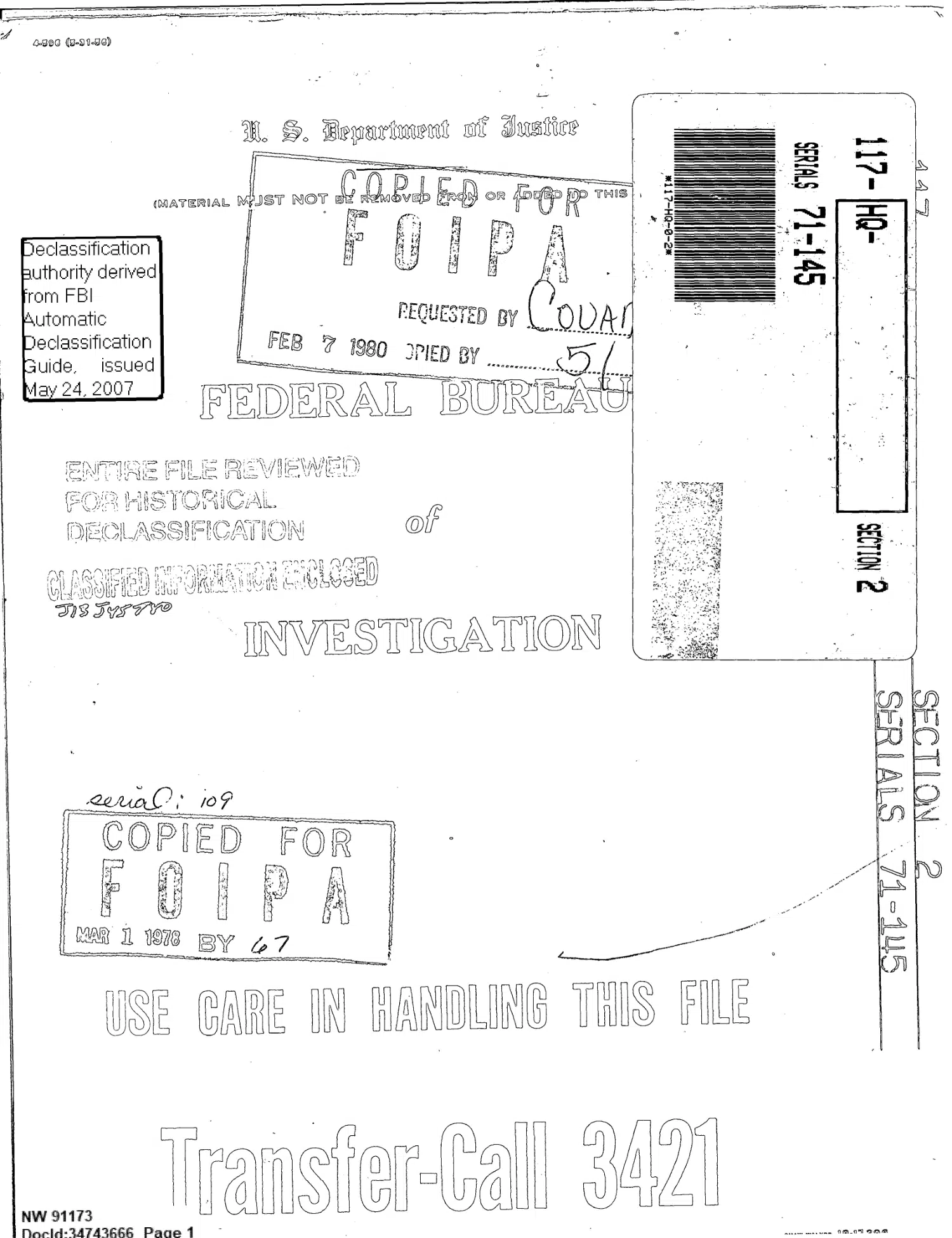 Hoover refers a Cascade Mountains sighting report to the AEC, 1949 — opening source page