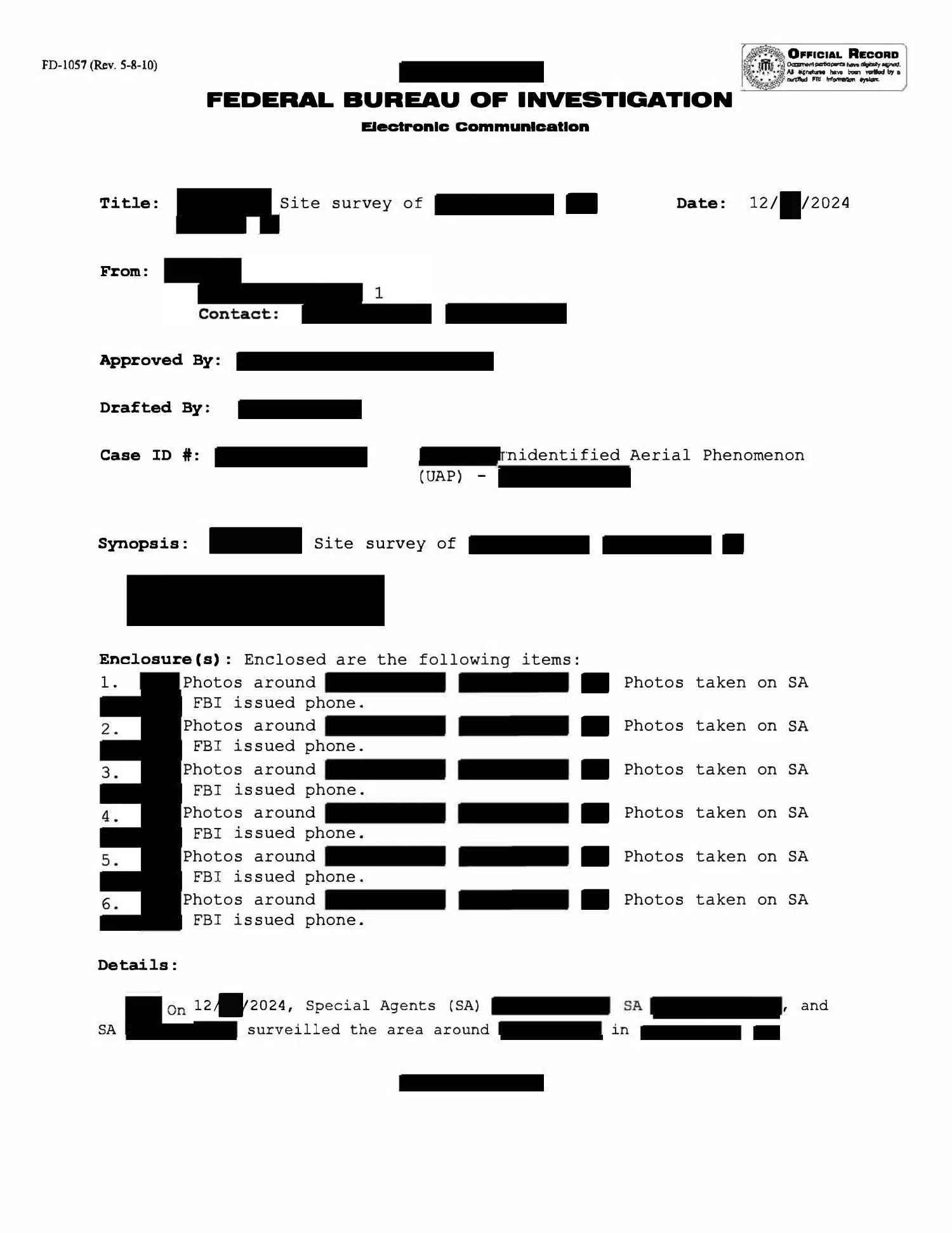 FBI follow-up site survey, Northeastern United States, December 2024 — opening source page