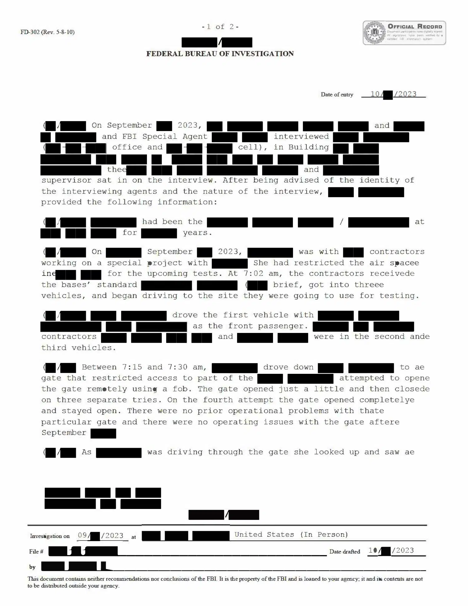 FBI interview: reported gray object at a U.S. test site, September 2023 — opening source page