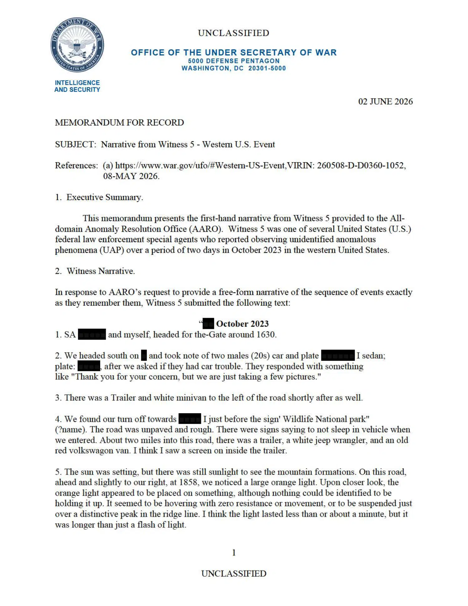 Western United States UAP event: witness 5 statement, 2023 — opening source page