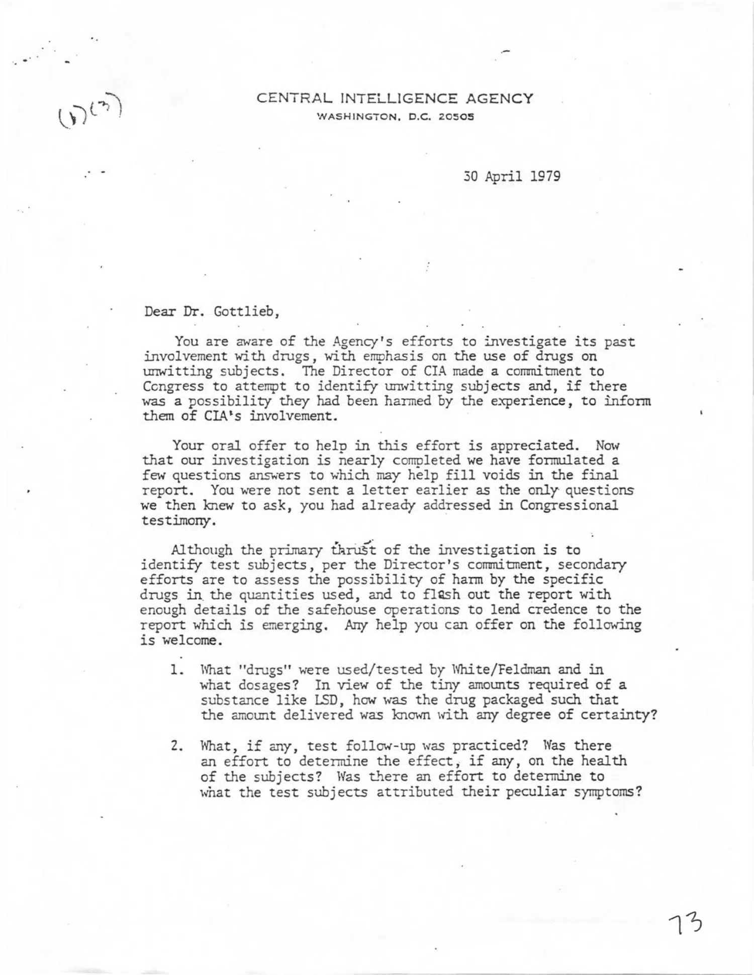 Letter, Central Intelligence Agency, Washington D.C. 20505, to Dr. Gottlieb, 30 April 1979 — opening source page